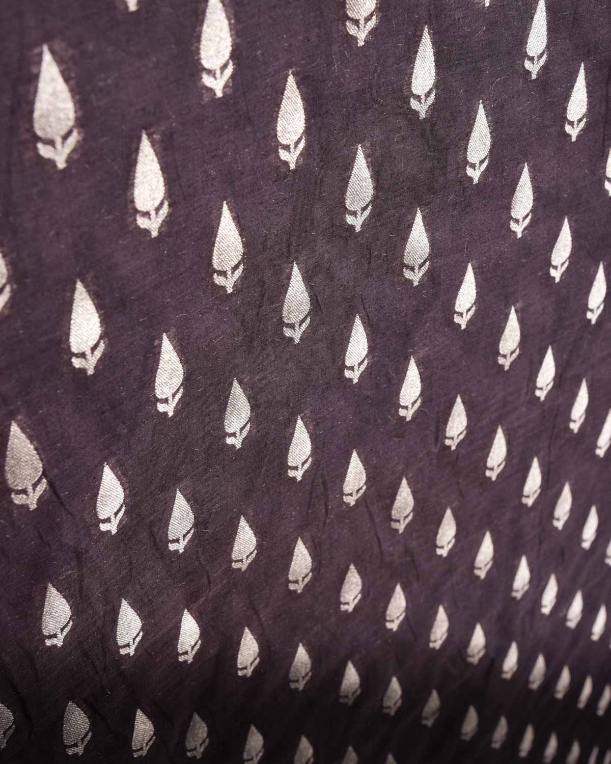 Brown Banarasi Gold Zari Leaf Buti Cutwork Brocade Handwoven Cotton Silk Fabric-HolyWeaves