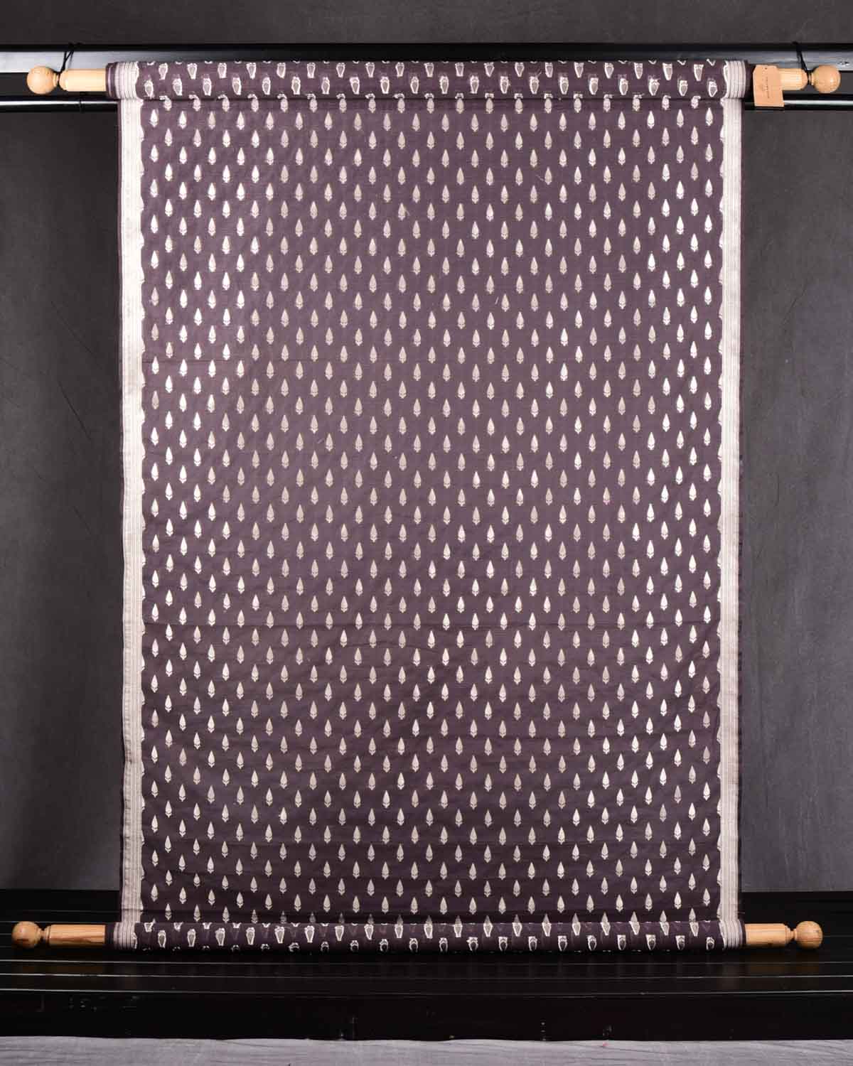 Brown Banarasi Gold Zari Leaf Buti Cutwork Brocade Handwoven Cotton Silk Fabric-HolyWeaves