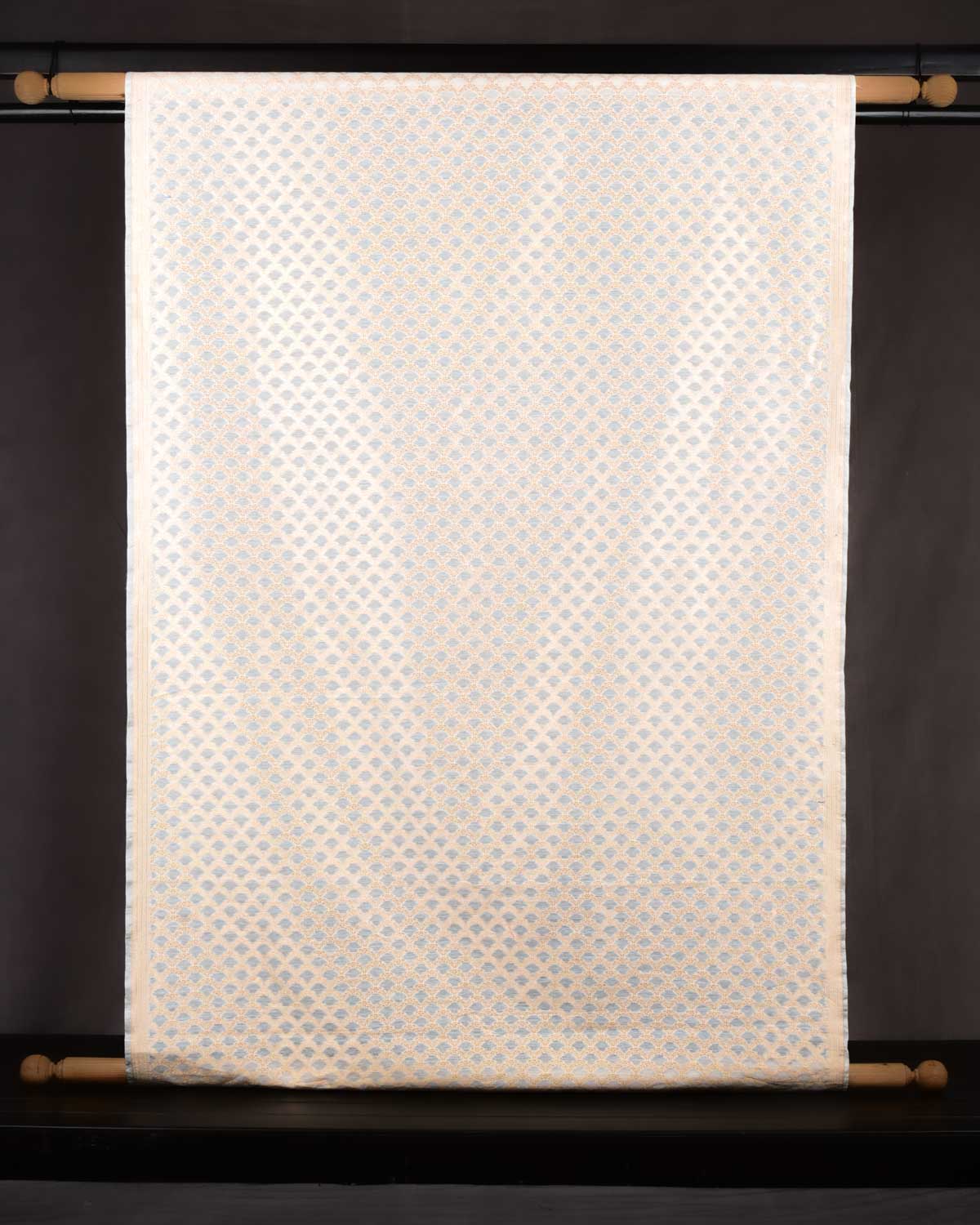 White Banarasi Gold Zari Necklace Grids Cutwork Brocade Handwoven Cotton Silk Fabric-HolyWeaves