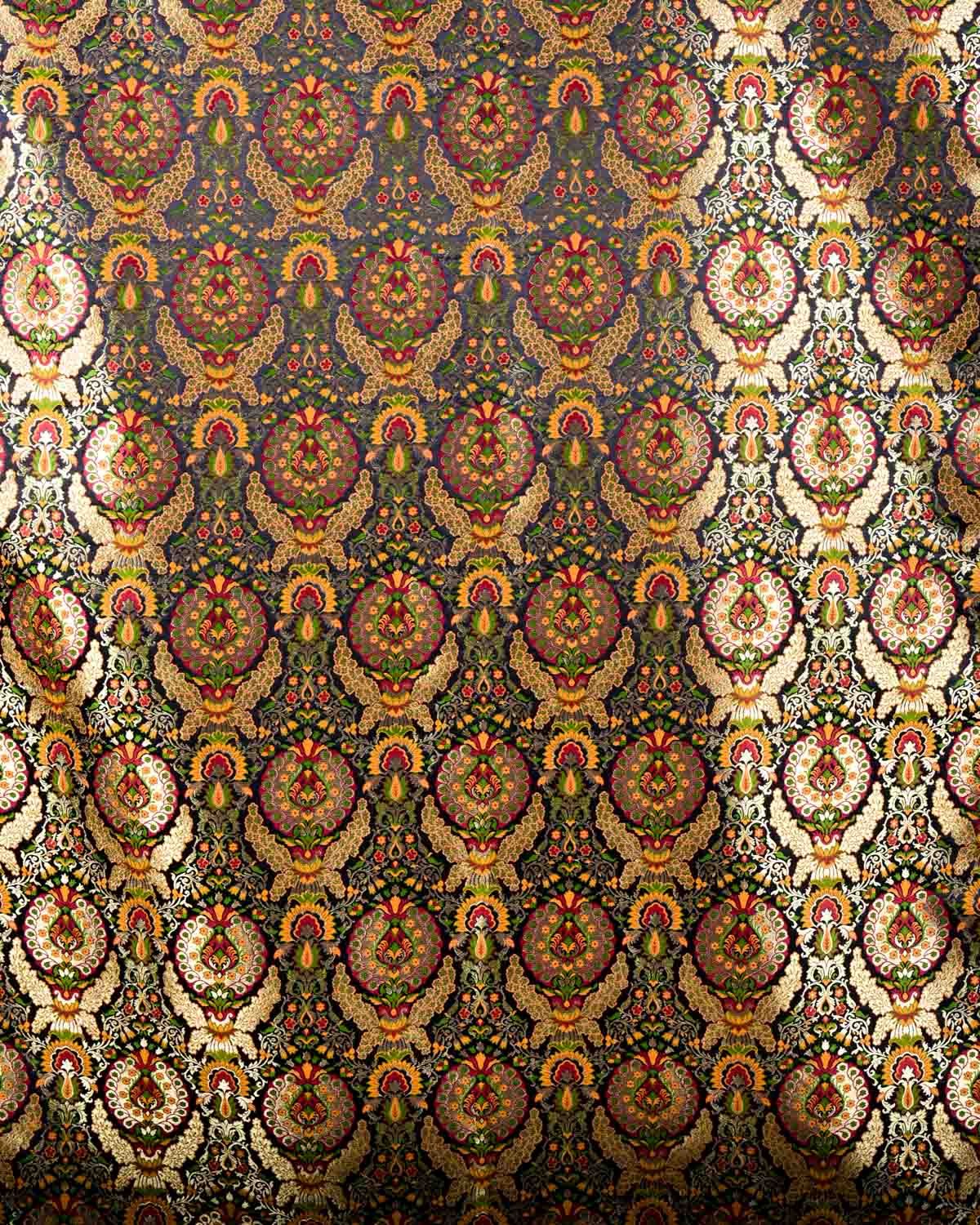 Black Banarasi Cutwork Brocade Handwoven Kimkhwab Multi Fabric-HolyWeaves