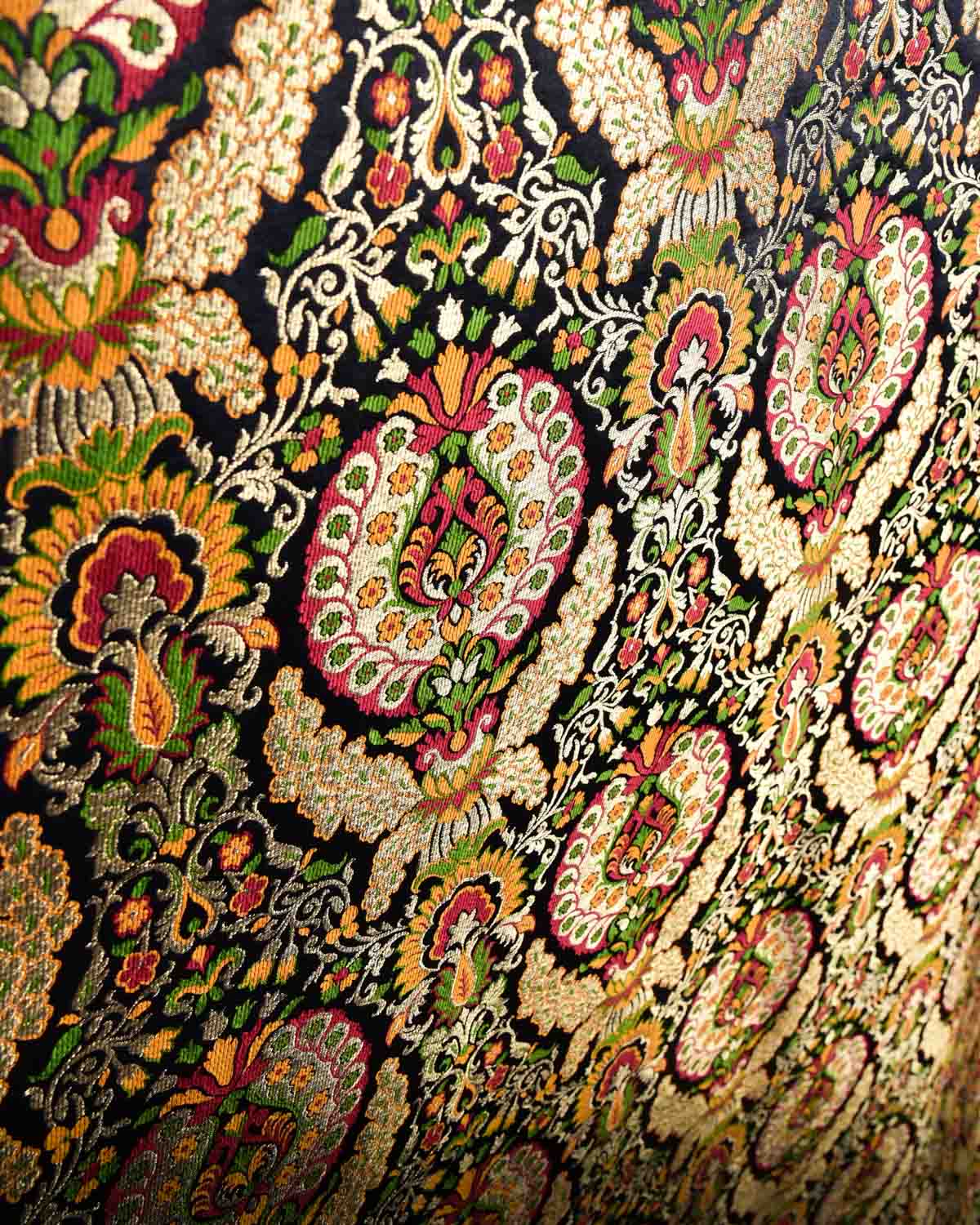 Black Banarasi Cutwork Brocade Handwoven Kimkhwab Multi Fabric-HolyWeaves