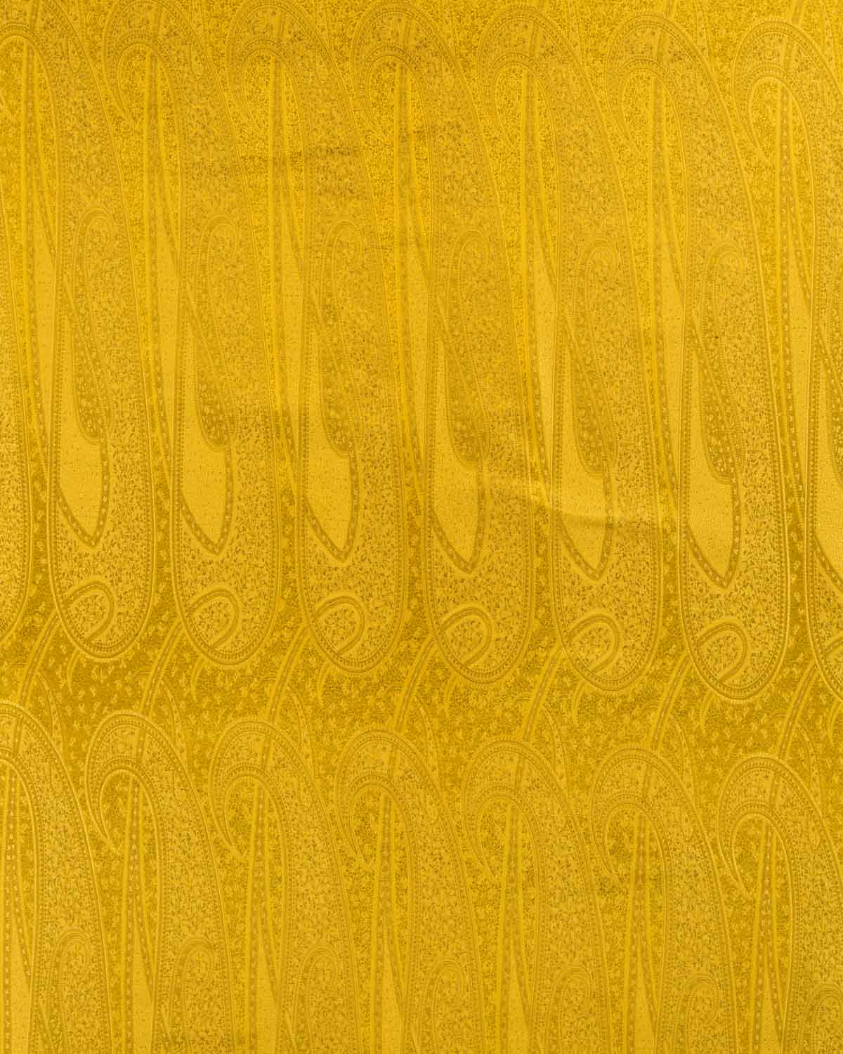 Yellow Banarasi Large Paisley Tehra Jamawar Handwoven Katan Silk Fabric-HolyWeaves
