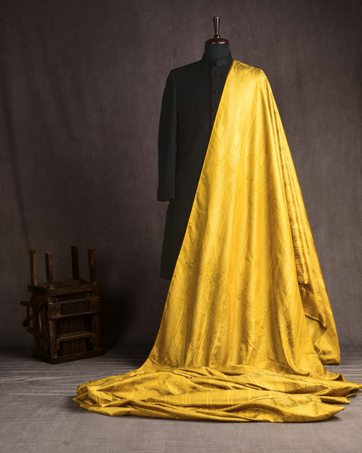 Yellow Banarasi Large Paisley Tehra Jamawar Handwoven Katan Silk Fabric-HolyWeaves