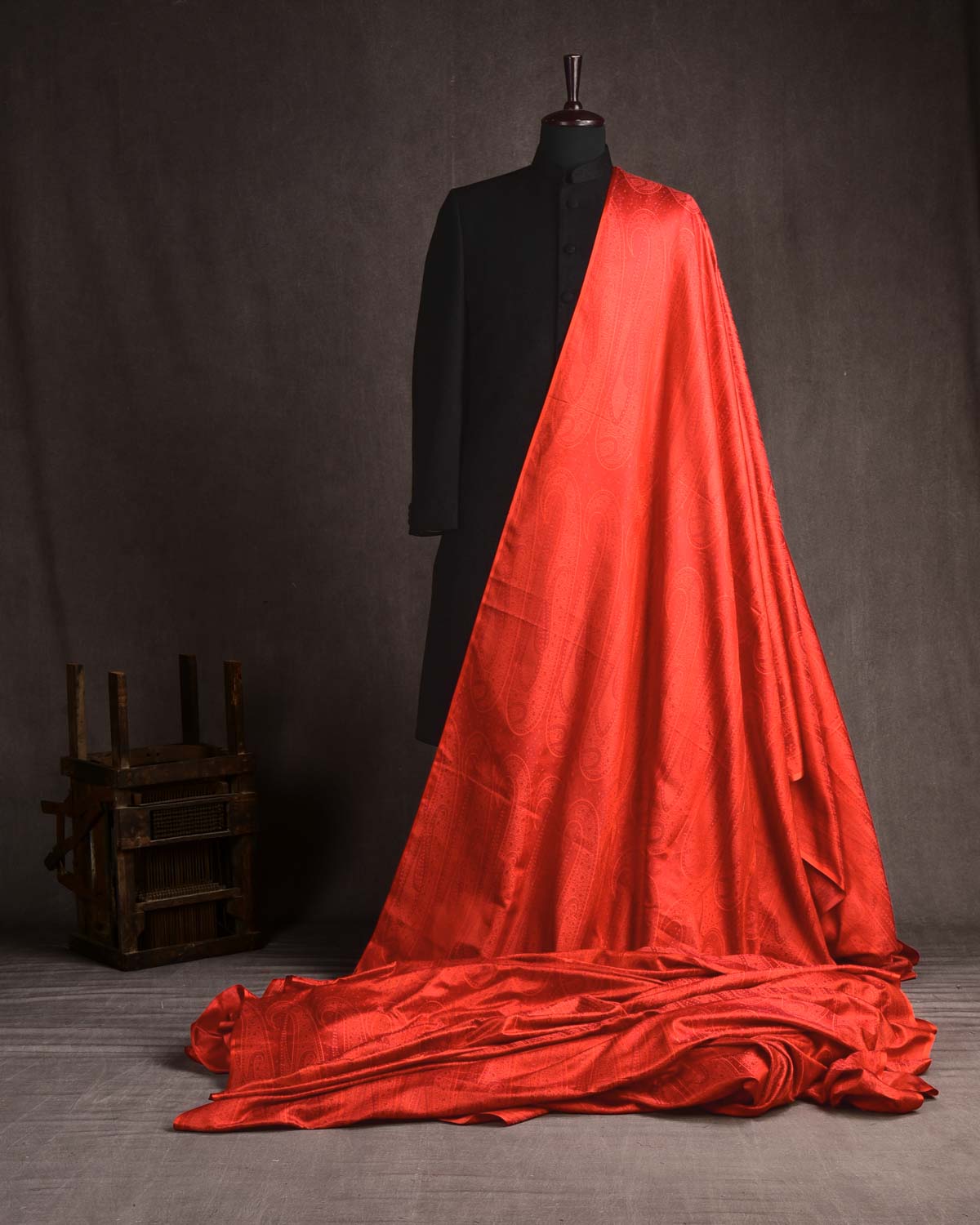 Red Banarasi Large Paisley Tehra Jamawar Handwoven Katan Silk Fabric-HolyWeaves