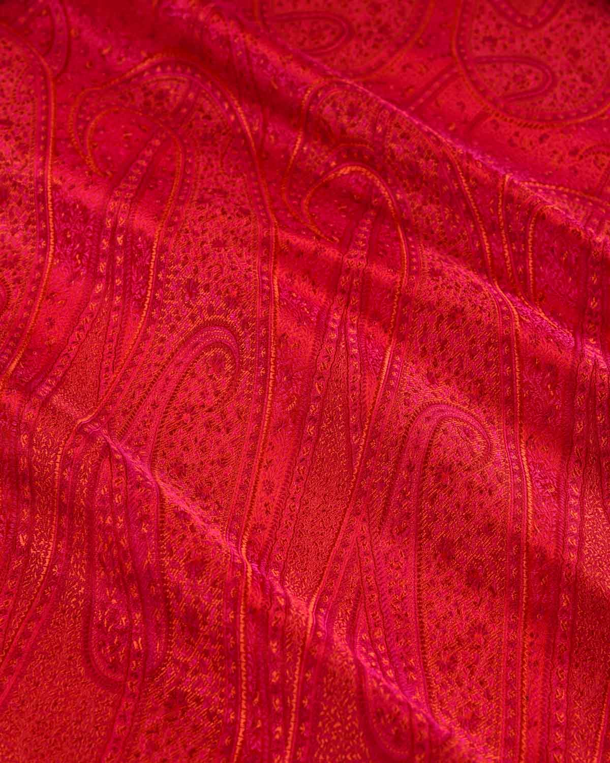 Shot Fuchsia Pink Banarasi Large Paisley Tehra Jamawar Handwoven Katan Silk Fabric-HolyWeaves