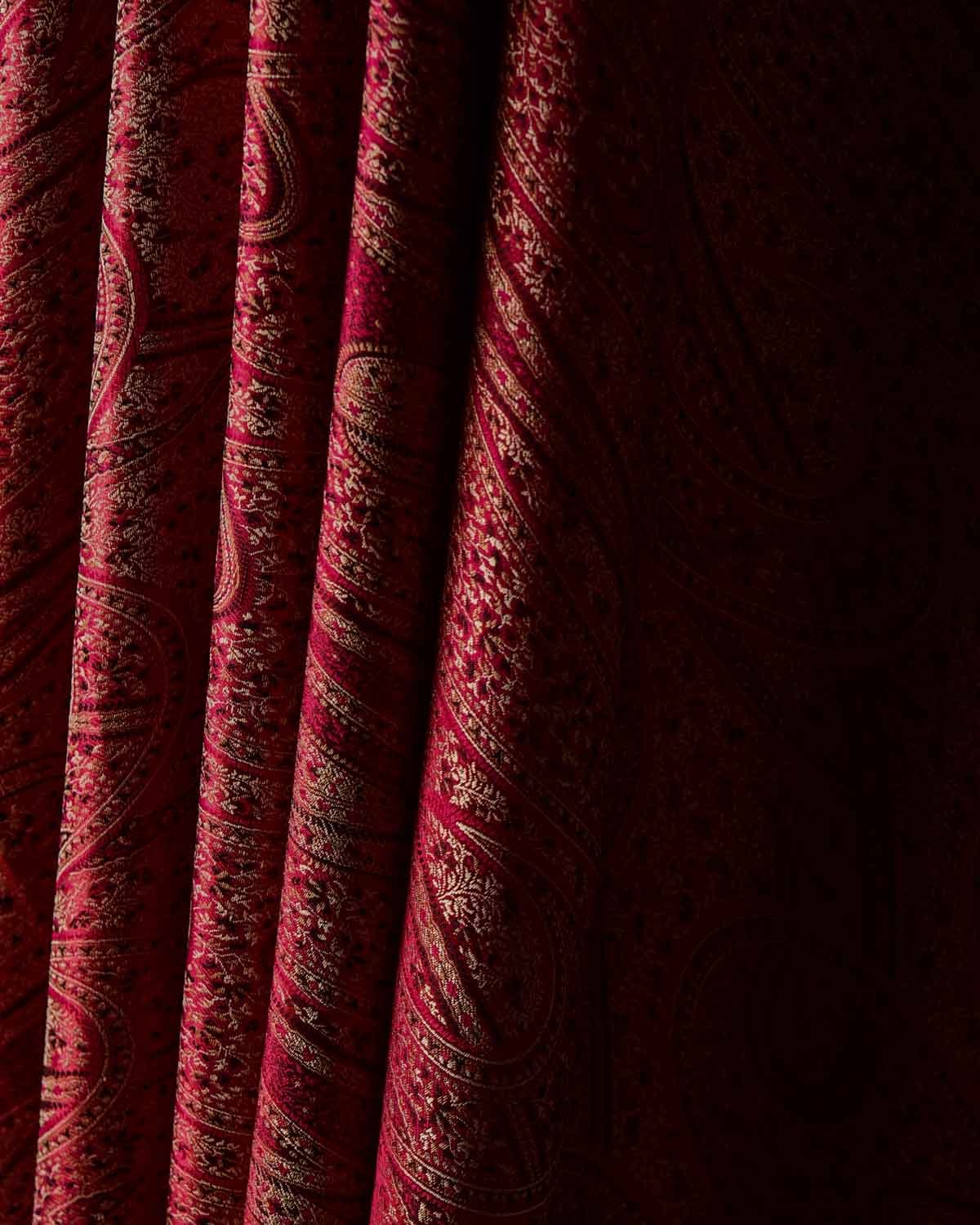 Maroon Large Paisley Tehra Satin Jamawar Handwoven Katan Silk Banarasi Fabric-HolyWeaves