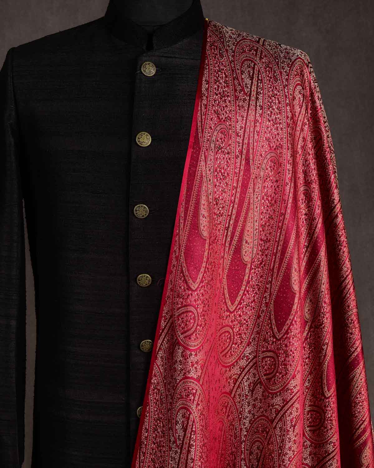 Maroon Large Paisley Tehra Satin Jamawar Handwoven Katan Silk Banarasi Fabric-HolyWeaves