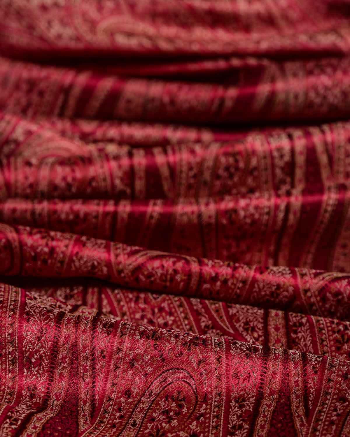 Maroon Large Paisley Tehra Satin Jamawar Handwoven Katan Silk Banarasi Fabric-HolyWeaves