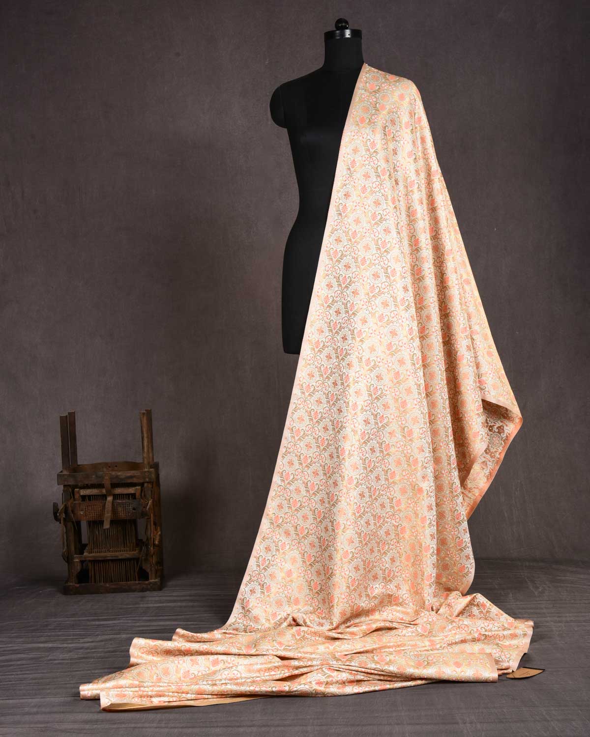 Cream Banarasi Gold Zari and Resham Tehra Kimkhwab Brocade Woven Art Silk Fabric-HolyWeaves