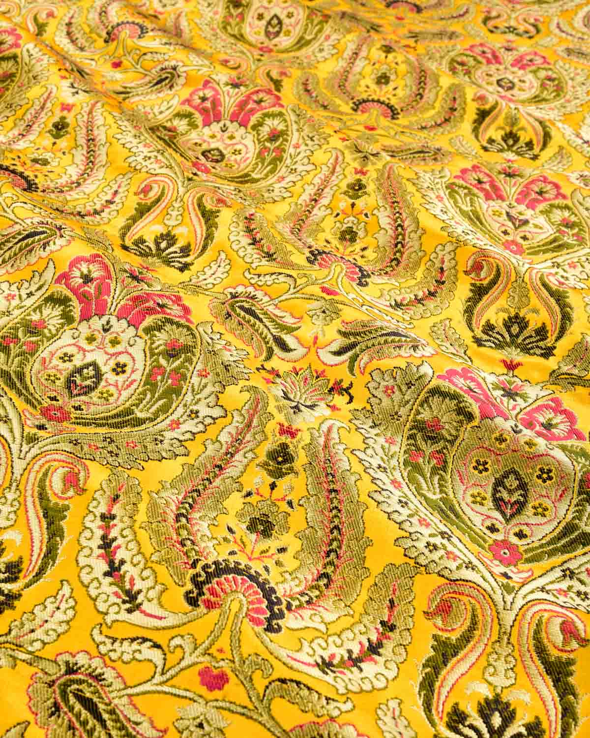 Yellow Banarasi Gold Zari and Resham Tehra Kimkhwab Brocade Woven Art Silk Fabric-HolyWeaves