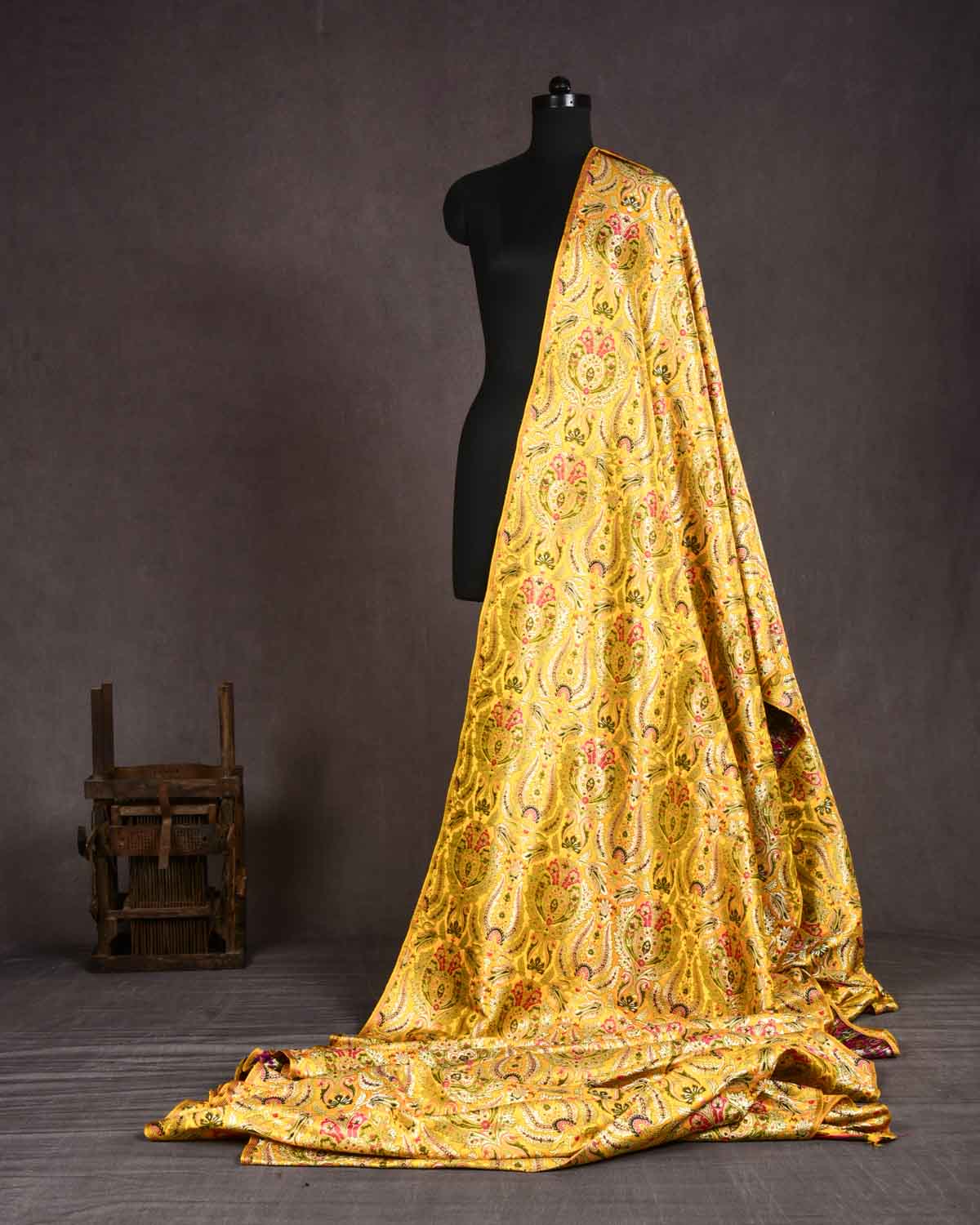 Yellow Banarasi Gold Zari and Resham Tehra Kimkhwab Brocade Woven Art Silk Fabric-HolyWeaves