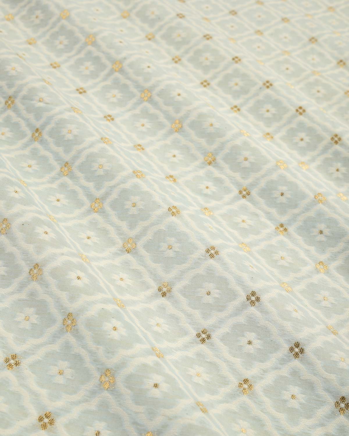 Powder Blue Banarasi Gold Zari & Resham Grids Cutwork Brocade Woven Cotton Silk Fabric-HolyWeaves