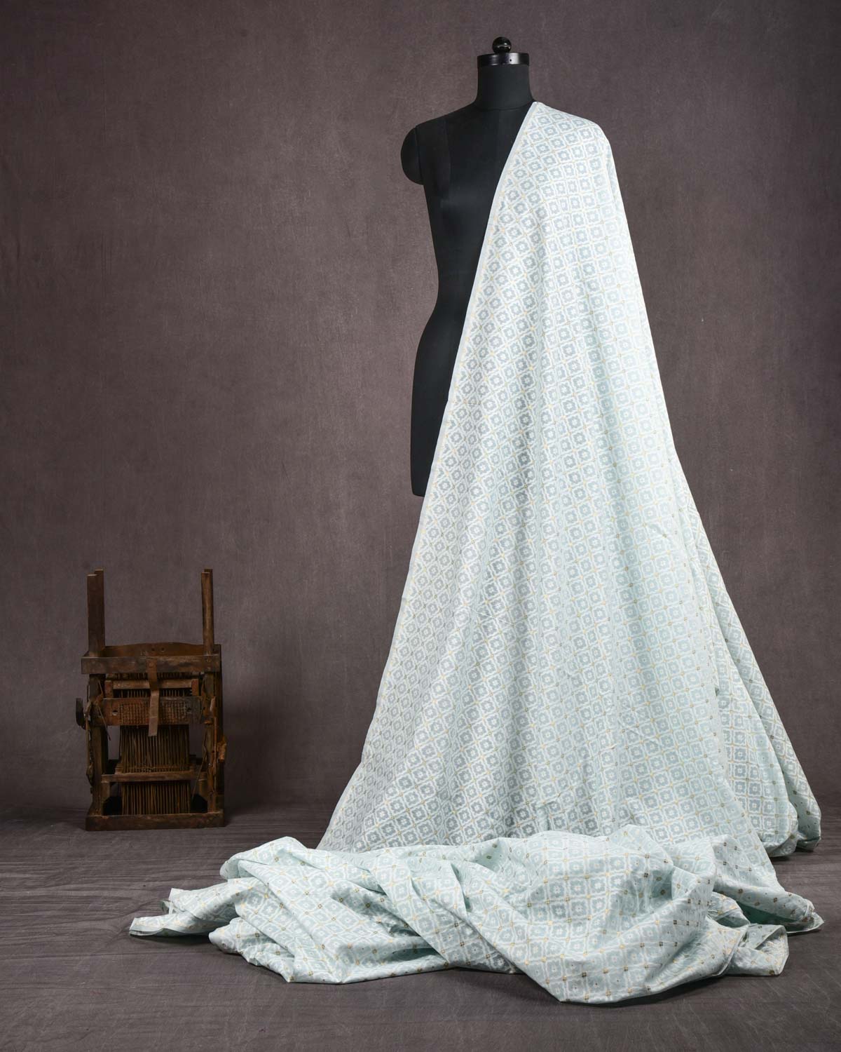 Powder Blue Banarasi Gold Zari & Resham Grids Cutwork Brocade Woven Cotton Silk Fabric-HolyWeaves