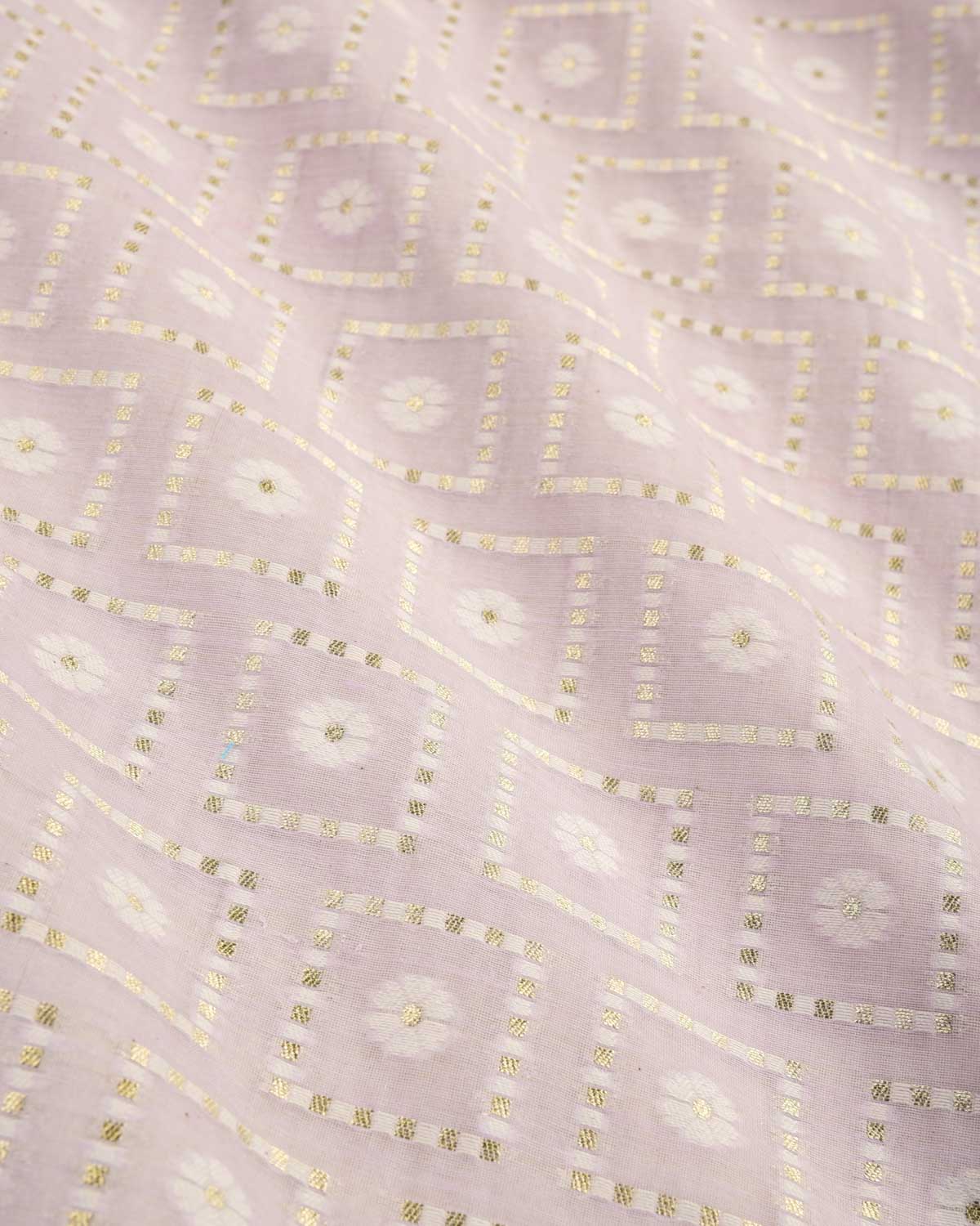 Mauve Banarasi Gold Zari & Resham Chequered Grids Cutwork Brocade Woven Cotton Silk Fabric-HolyWeaves