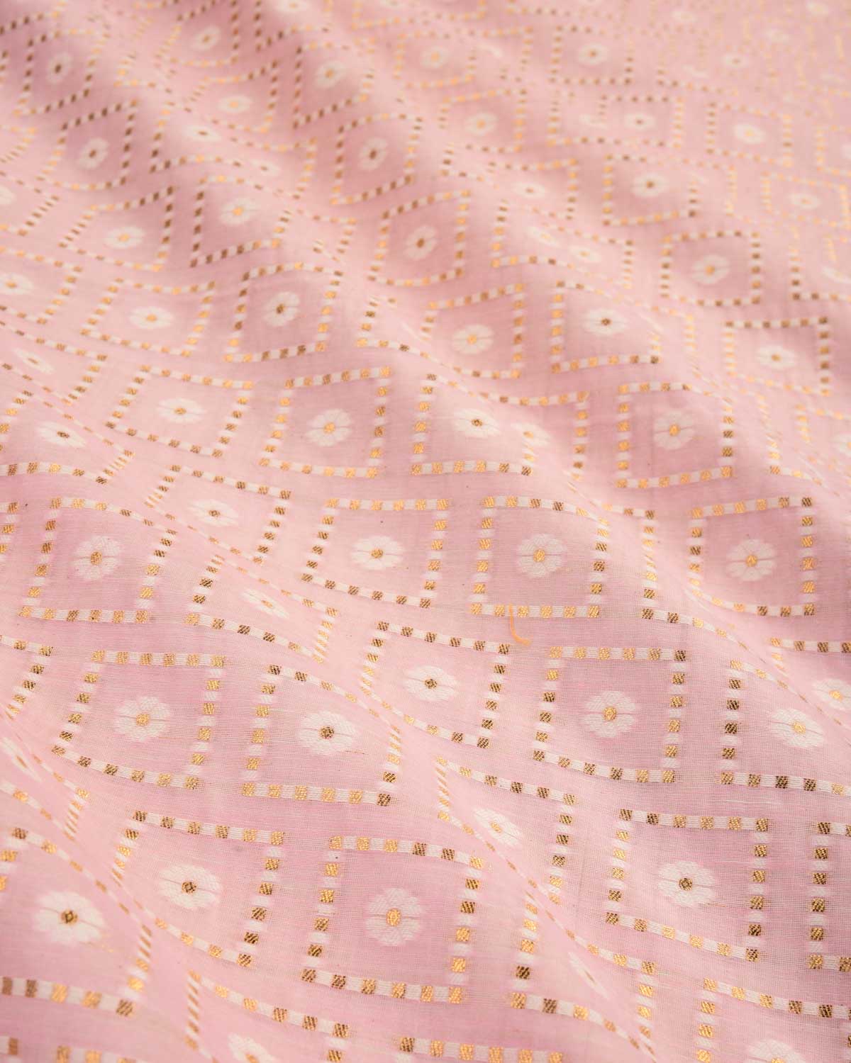Pink Banarasi Gold Zari & Resham Chequered Grids Cutwork Brocade Woven Cotton Silk Fabric-HolyWeaves