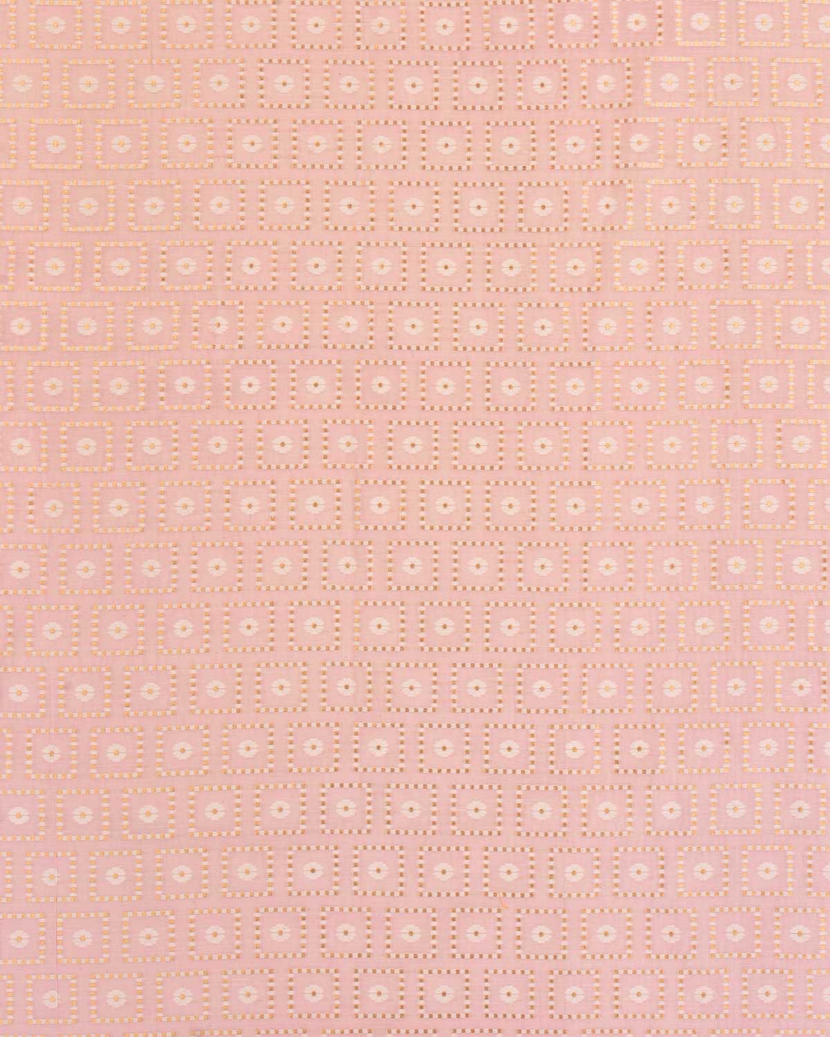 Pink Banarasi Gold Zari & Resham Chequered Grids Cutwork Brocade Woven Cotton Silk Fabric-HolyWeaves
