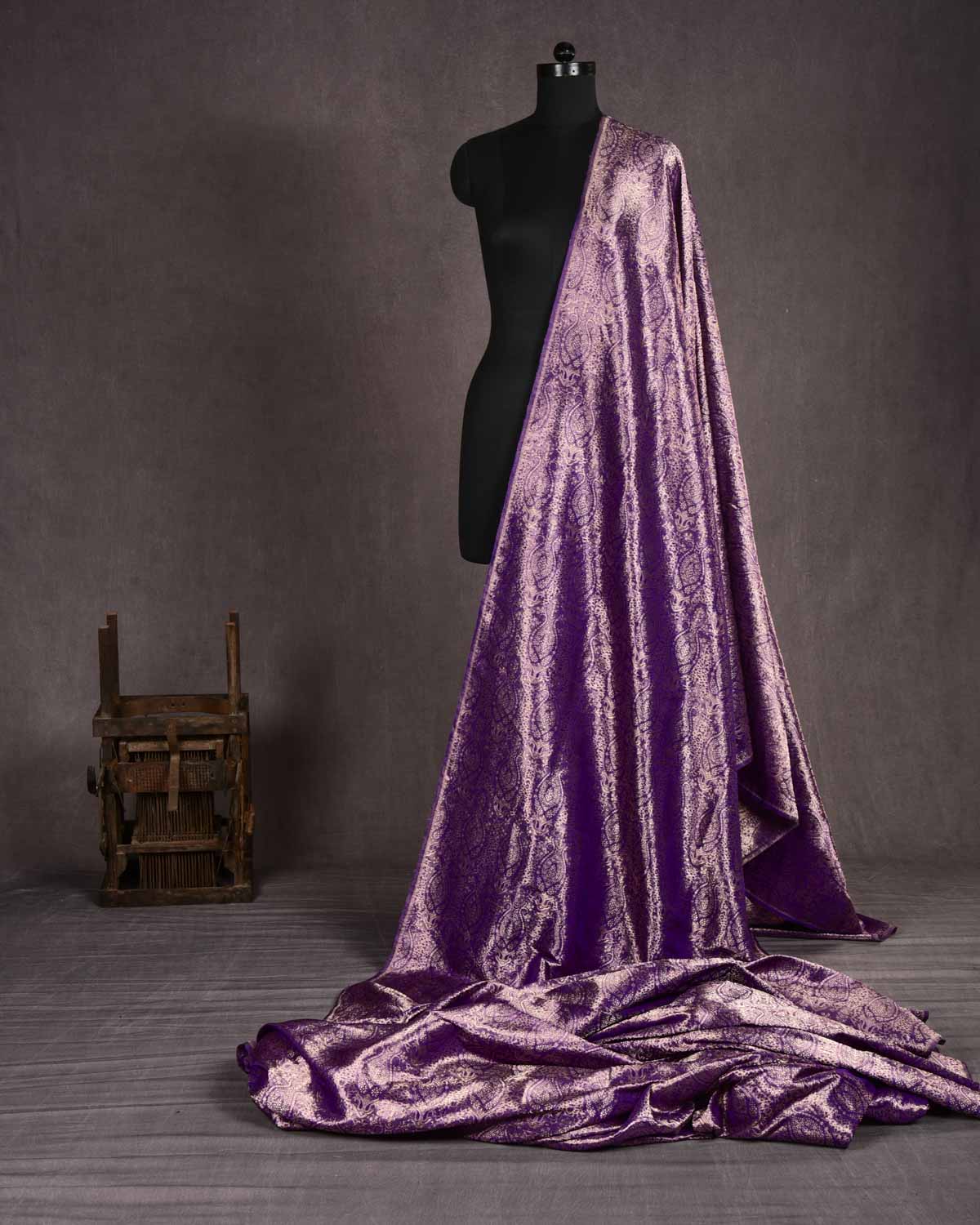 Metallic Purple Banarasi Gold Zari Damask Brocade Handwoven Katan Tissue Fabric-HolyWeaves