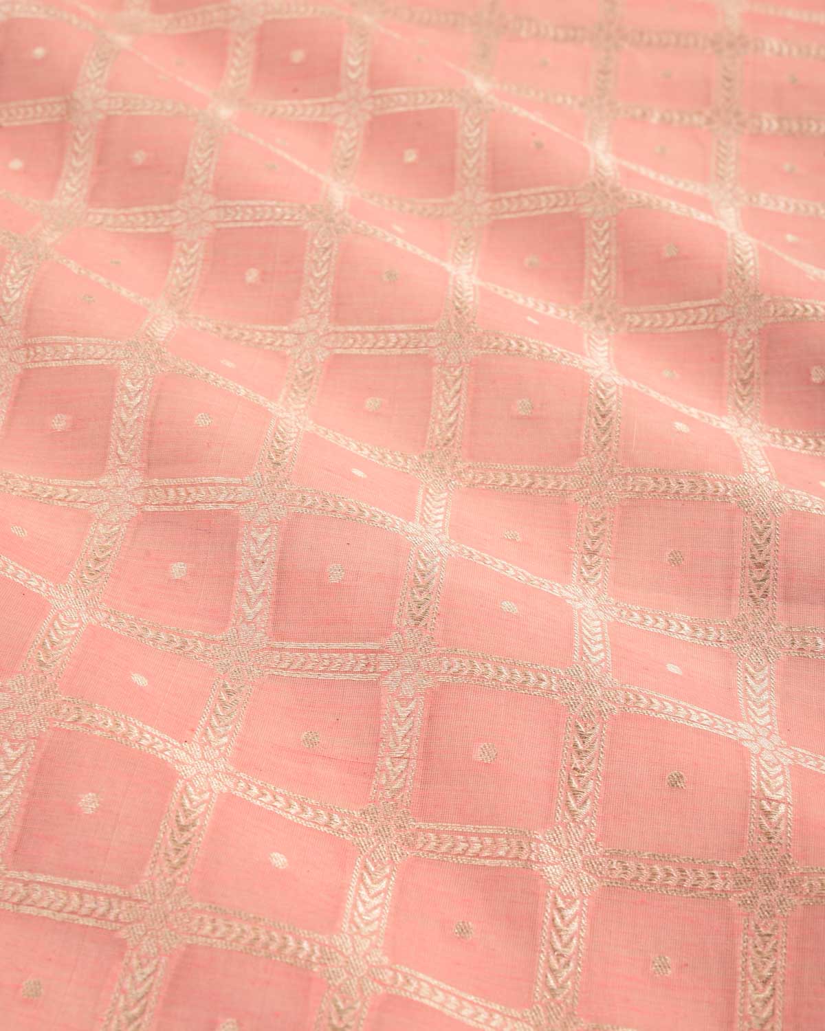 Pink Banarasi Gold Zari Chequered Grids Cutwork Brocade Handwoven Cotton Silk Fabric-HolyWeaves