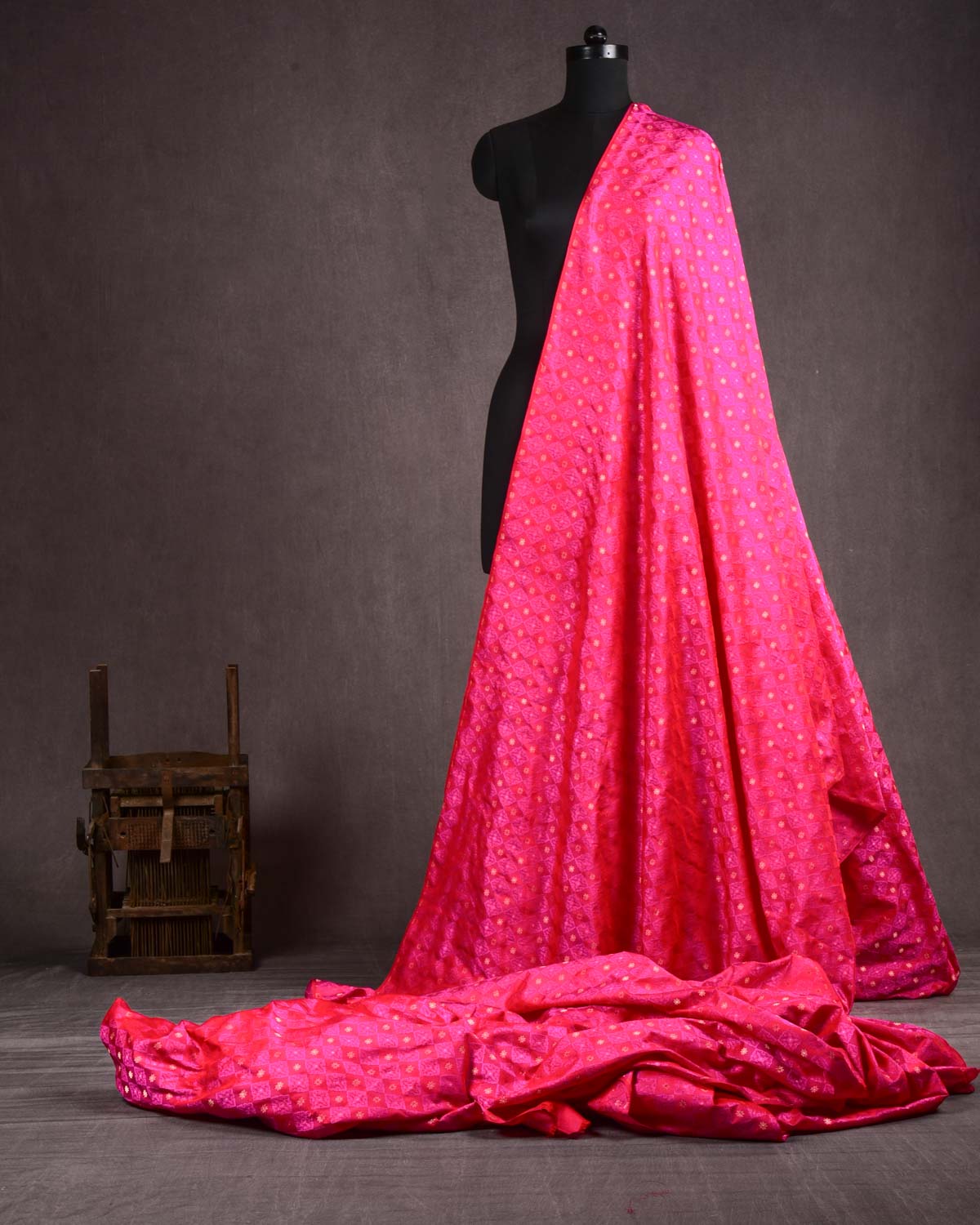 Rani Pink Banarasi Gold Zari and Resham Tanchoi Brocade Handwoven Katan Silk Fabric-HolyWeaves