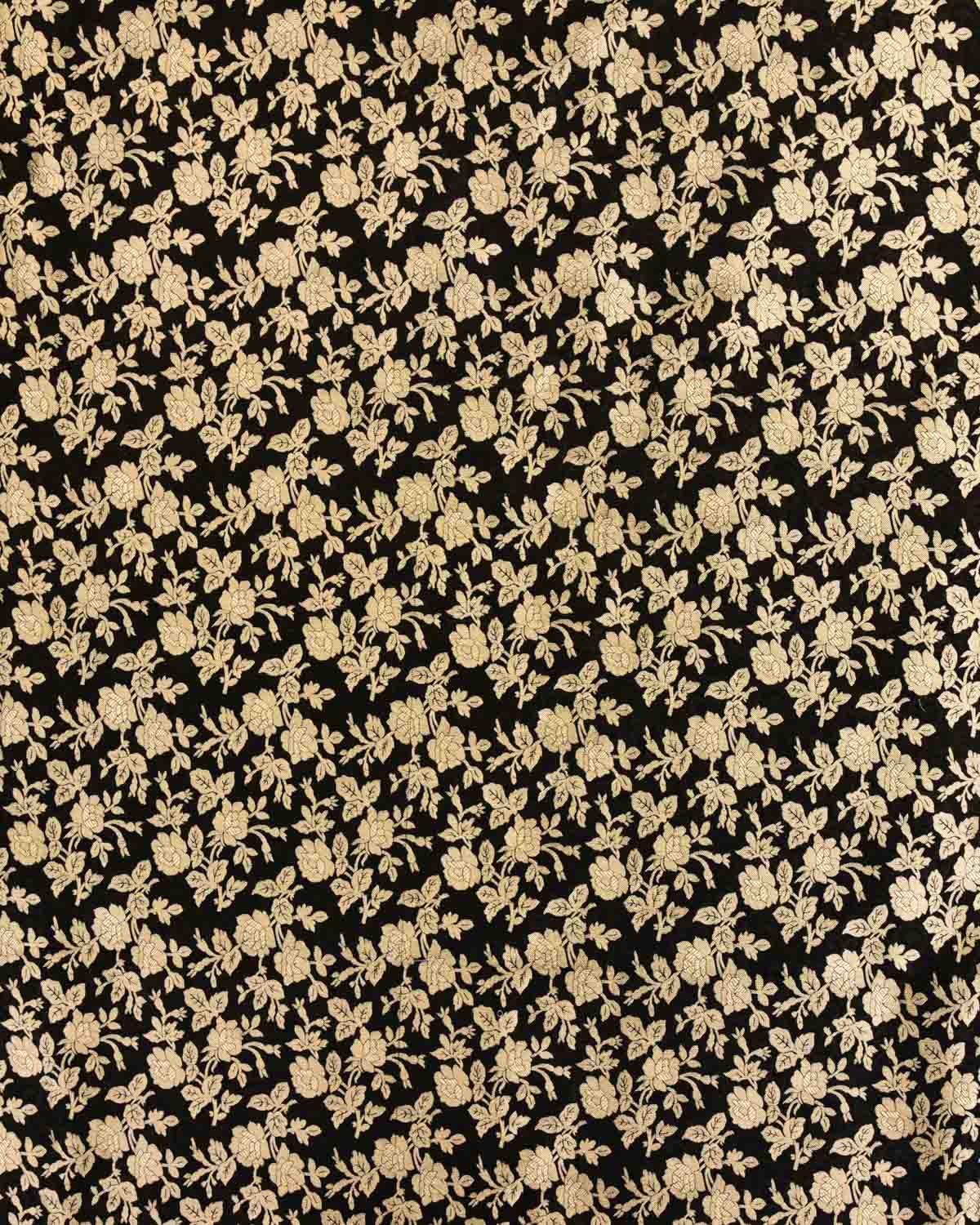 Black Banarasi Gold Zari and Resham Gulab Jaal Tanchoi Brocade Handwoven Katan Silk Fabric-HolyWeaves