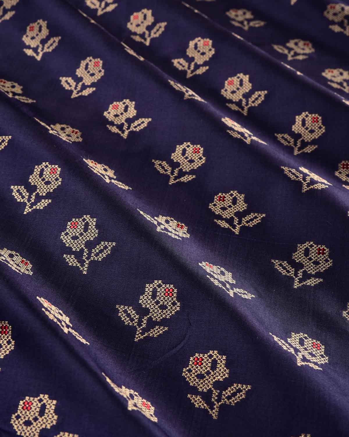 Navy Blue Banarasi Gold Zari Cross-Stitch Rose Buti Cutwork Brocade Handwoven Katan Silk Fabric-HolyWeaves