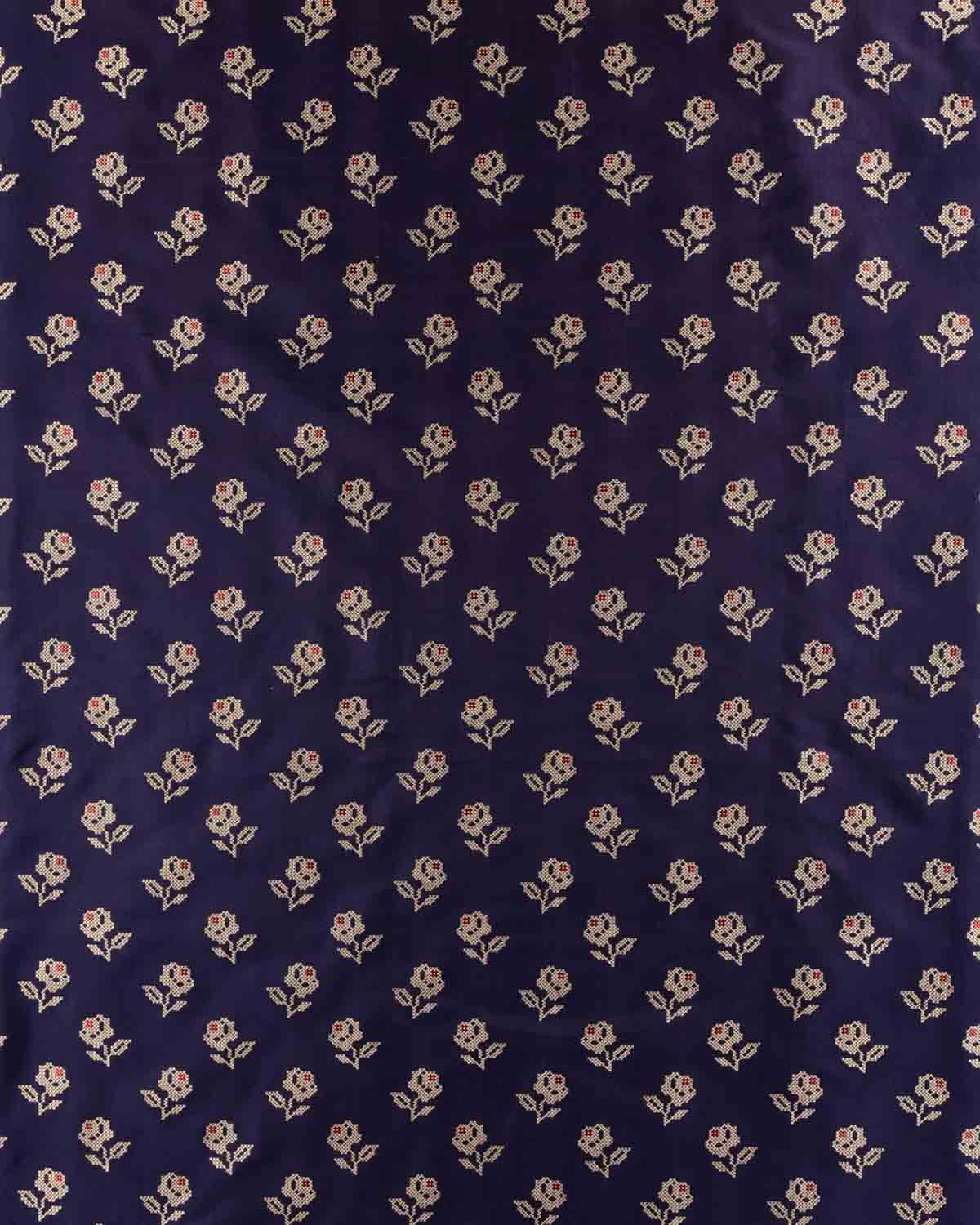 Navy Blue Banarasi Gold Zari Cross-Stitch Rose Buti Cutwork Brocade Handwoven Katan Silk Fabric-HolyWeaves