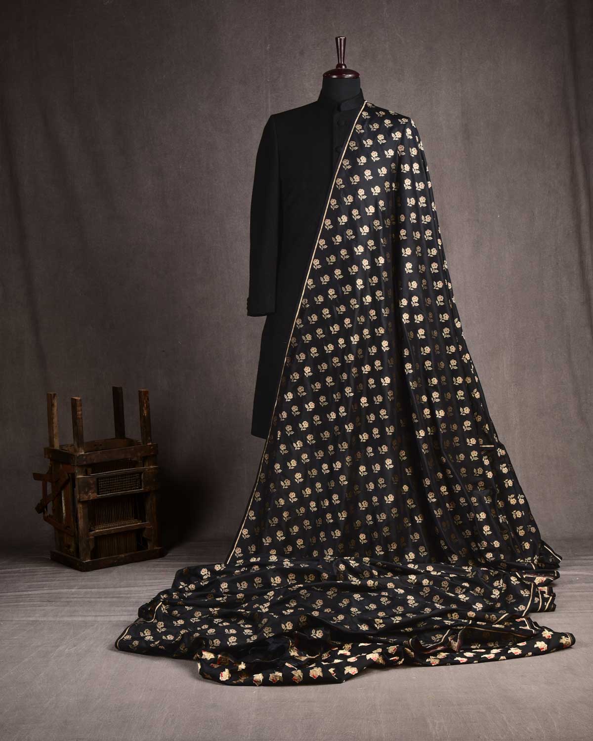 Black Banarasi Gold Zari Cross-Stitch Rose Buti Cutwork Brocade Handwoven Katan Silk Fabric-HolyWeaves