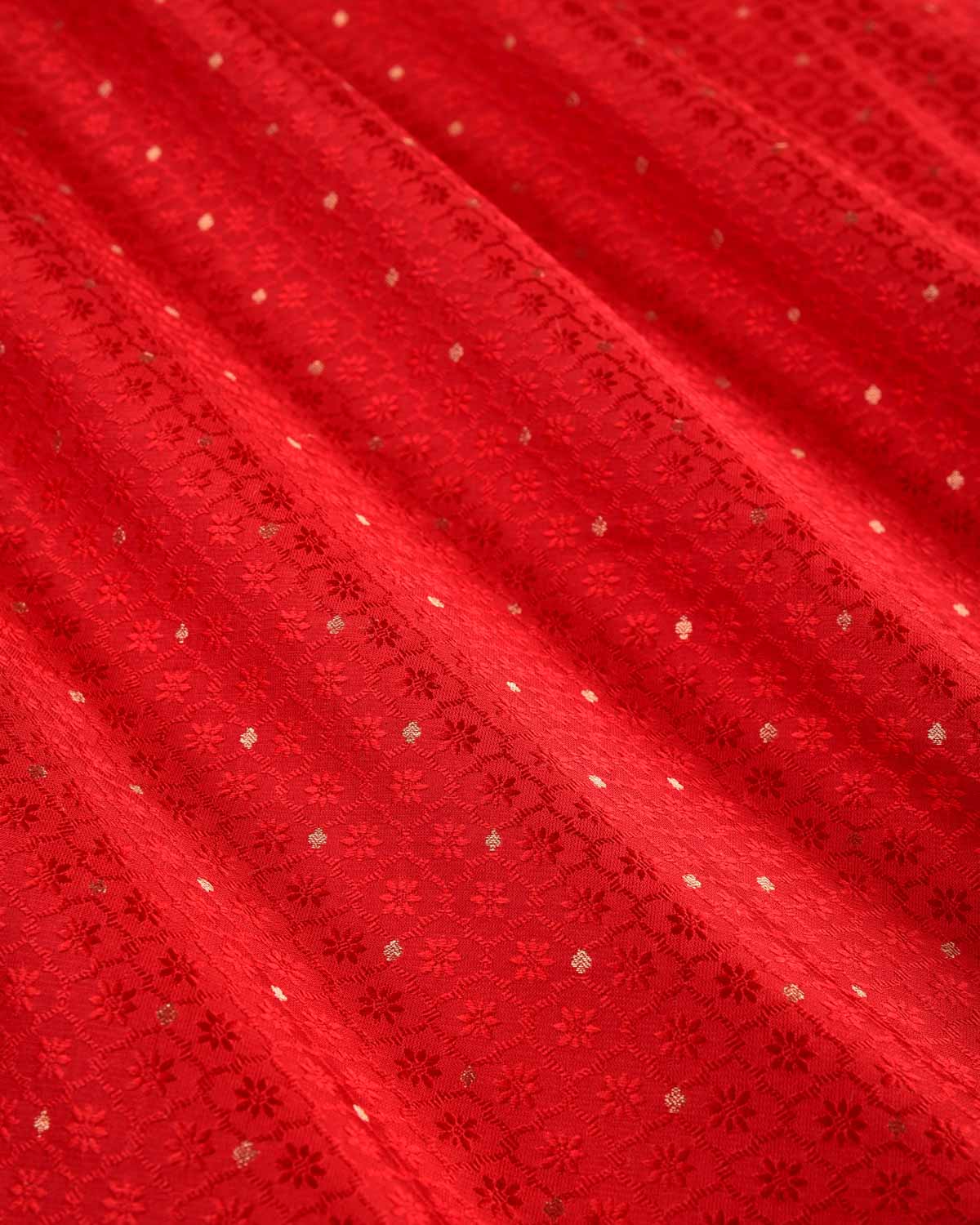 Red Banarasi Zari Buti Tanchoi Brocade Handwoven Katan Silk Fabric-HolyWeaves