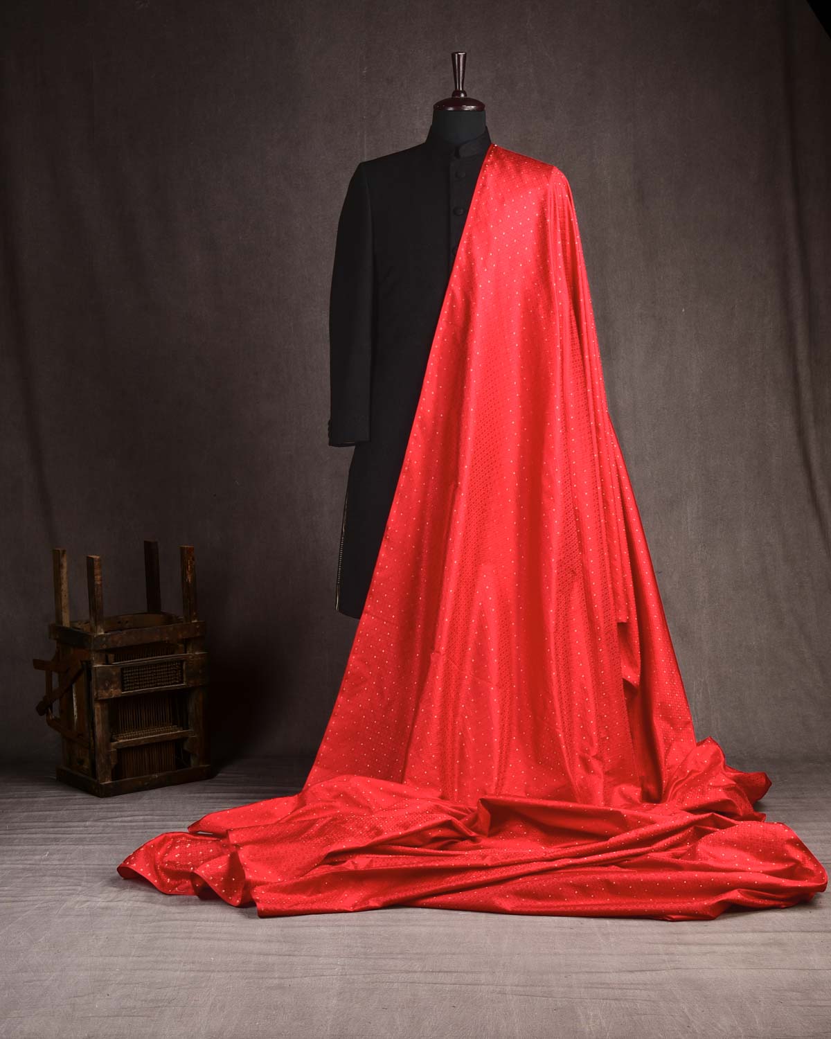 Red Banarasi Zari Buti Tanchoi Brocade Handwoven Katan Silk Fabric-HolyWeaves