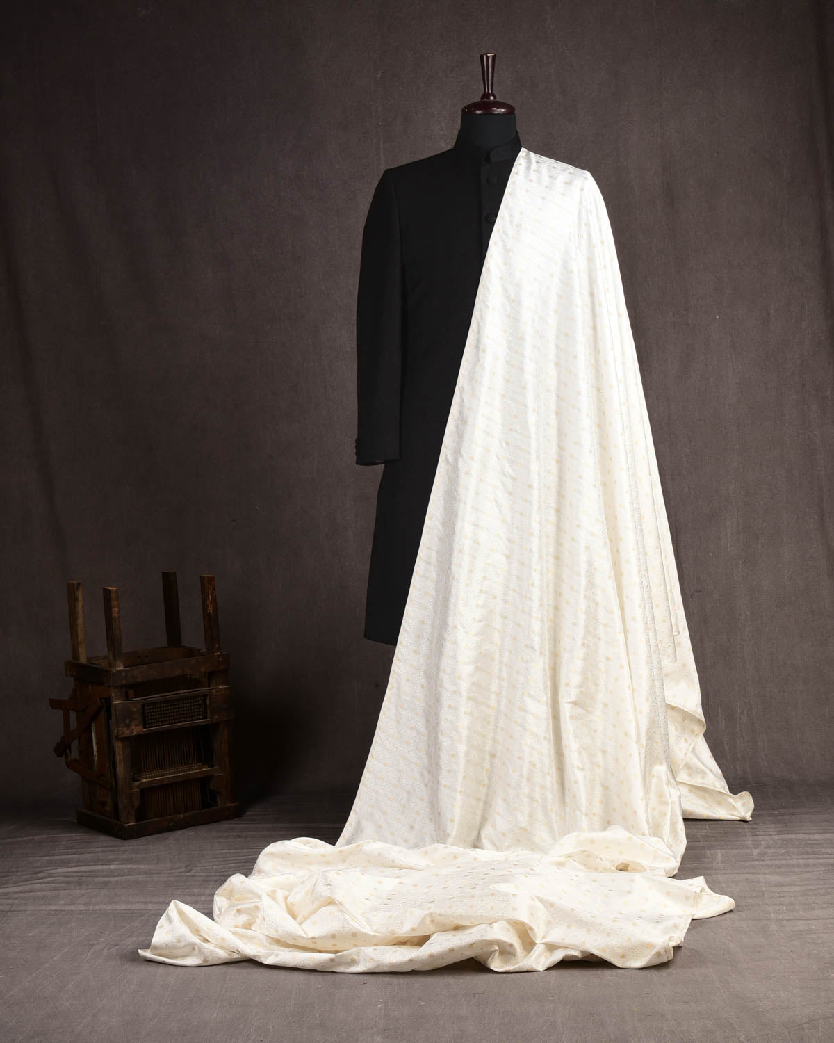 White Banarasi Zari Buti Tanchoi Brocade Handwoven Katan Silk Fabric-HolyWeaves