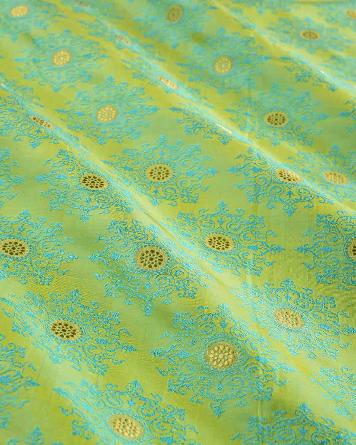 Blue-Green Banarasi Zari Damask Tanchoi Brocade Handwoven Katan Silk Fabric-HolyWeaves