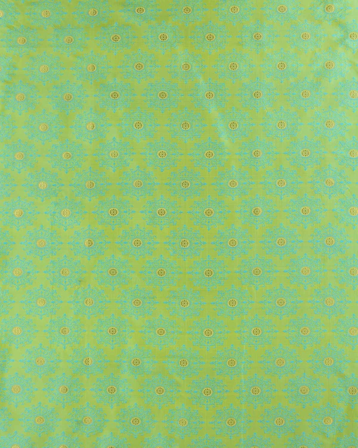 Blue-Green Banarasi Zari Damask Tanchoi Brocade Handwoven Katan Silk Fabric-HolyWeaves