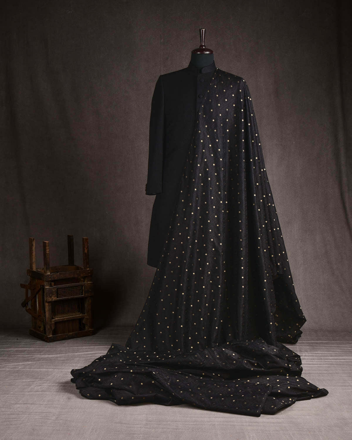 Black Banarasi Zari Buti Tanchoi Brocade Handwoven Katan Silk Fabric-HolyWeaves