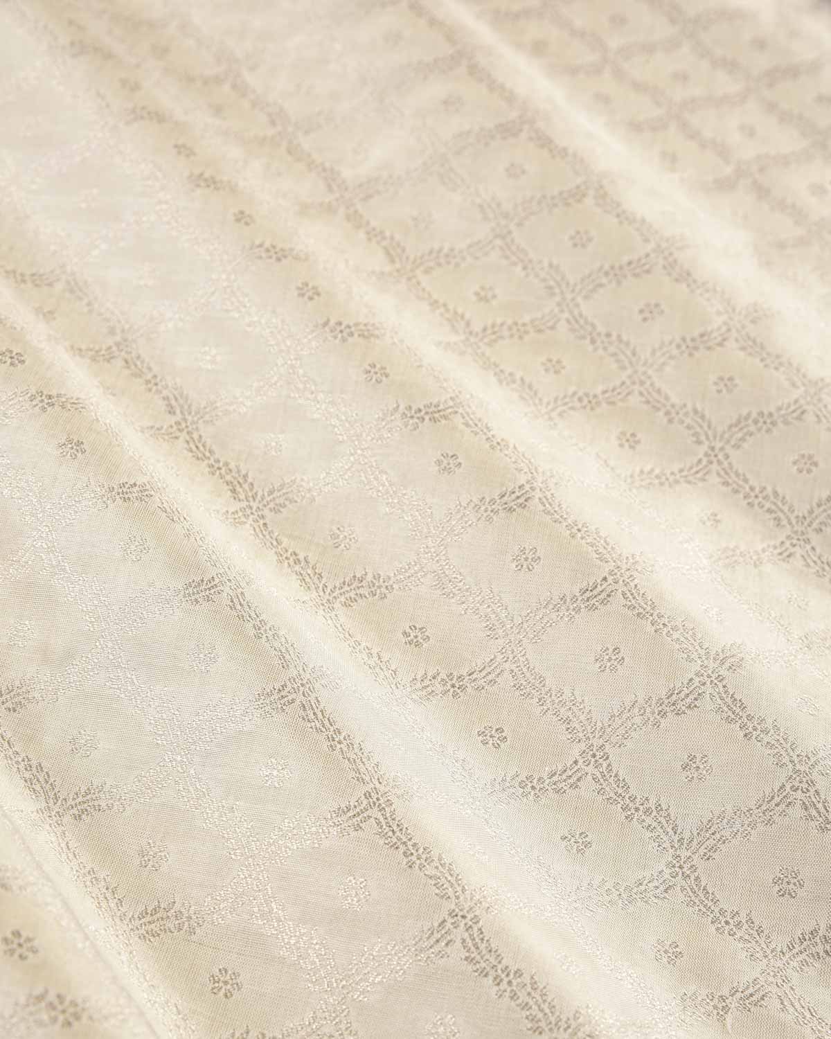 White Banarasi Silver Zari Jangla Cutwork Brocade Handwoven Katan Silk Fabric-HolyWeaves