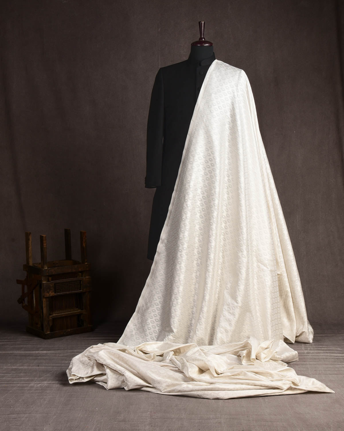 White Banarasi Silver Zari Jangla Cutwork Brocade Handwoven Katan Silk Fabric-HolyWeaves