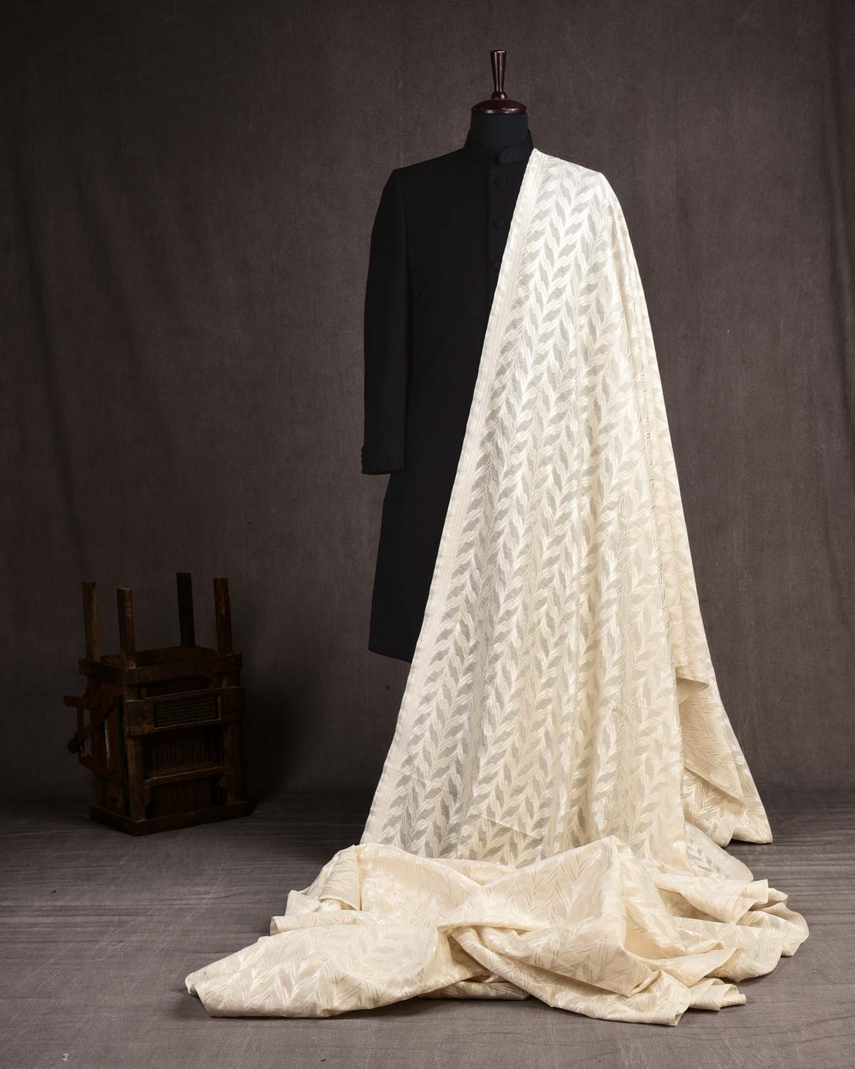 White Banarasi Silver Zari Cutwork Brocade Handwoven Cotton Silk Fabric-HolyWeaves