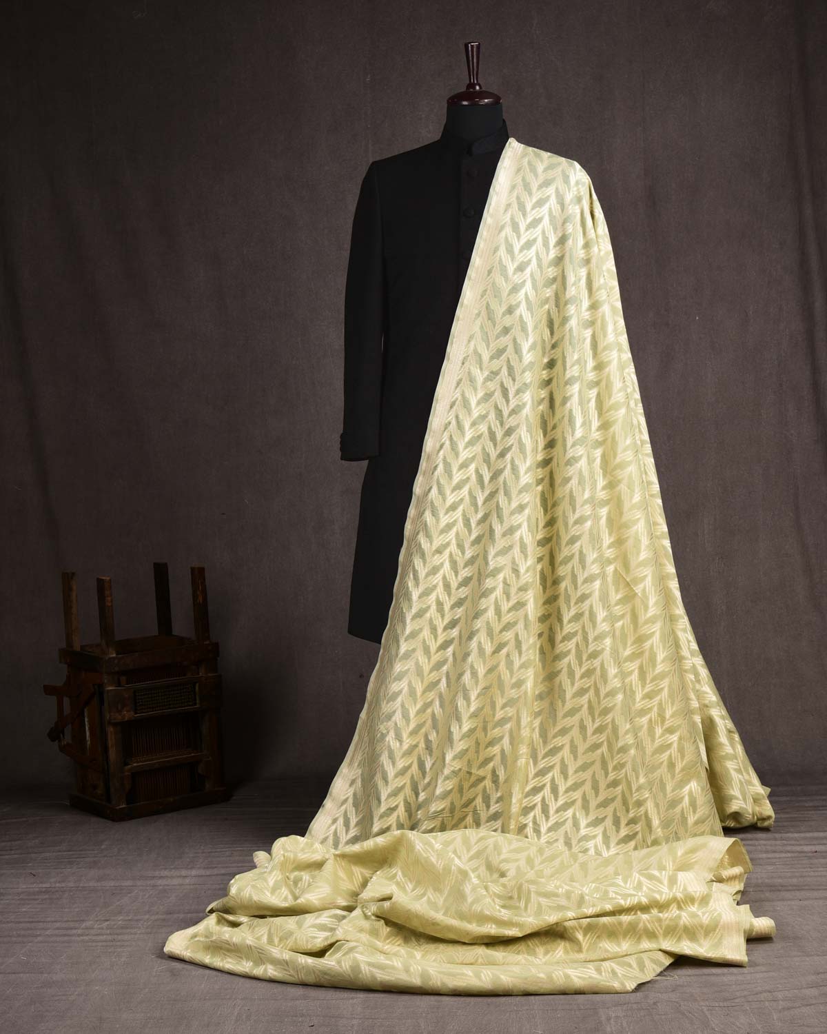 Powder Green Banarasi Silver Zari Cutwork Brocade Handwoven Cotton Silk Fabric-HolyWeaves