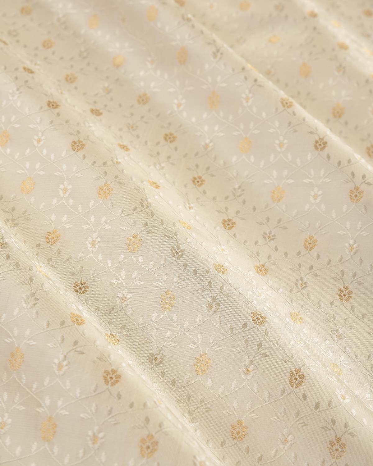 Cream Banarasi Gold Zari Tanchoi Brocade Handwoven Katan Silk Fabric-HolyWeaves