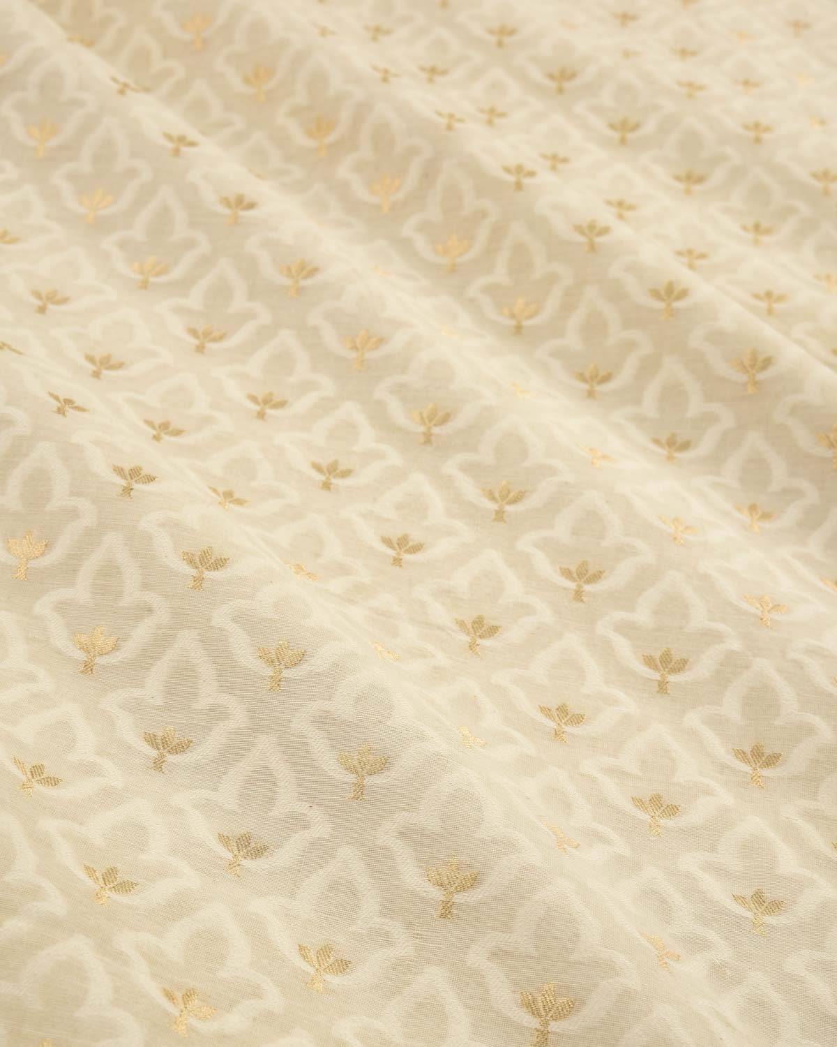 Cream Banarasi Leaf with Gold Zari Cutwork Brocade Woven Cotton Silk Fabric-HolyWeaves