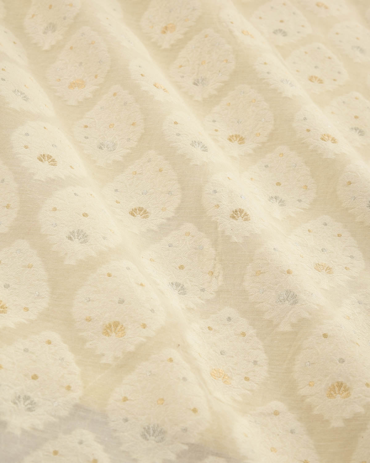 Cream Banarasi Leaf with Gold & Silver Zari Cutwork Brocade Woven Cotton Silk Fabric-HolyWeaves