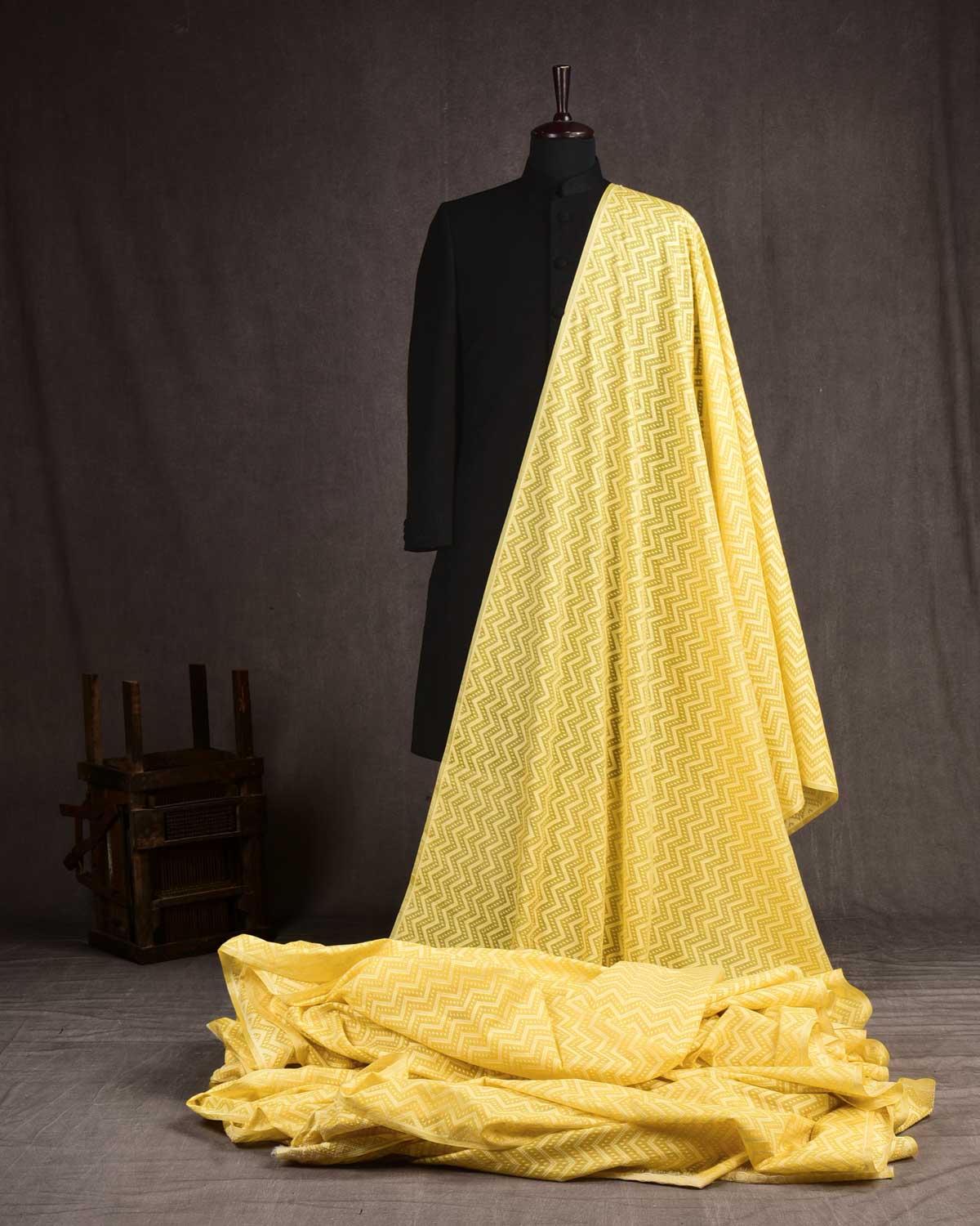 Yellow Banarasi Resham Chevron Cutwork Brocade Woven Cotton Silk Fabric-HolyWeaves