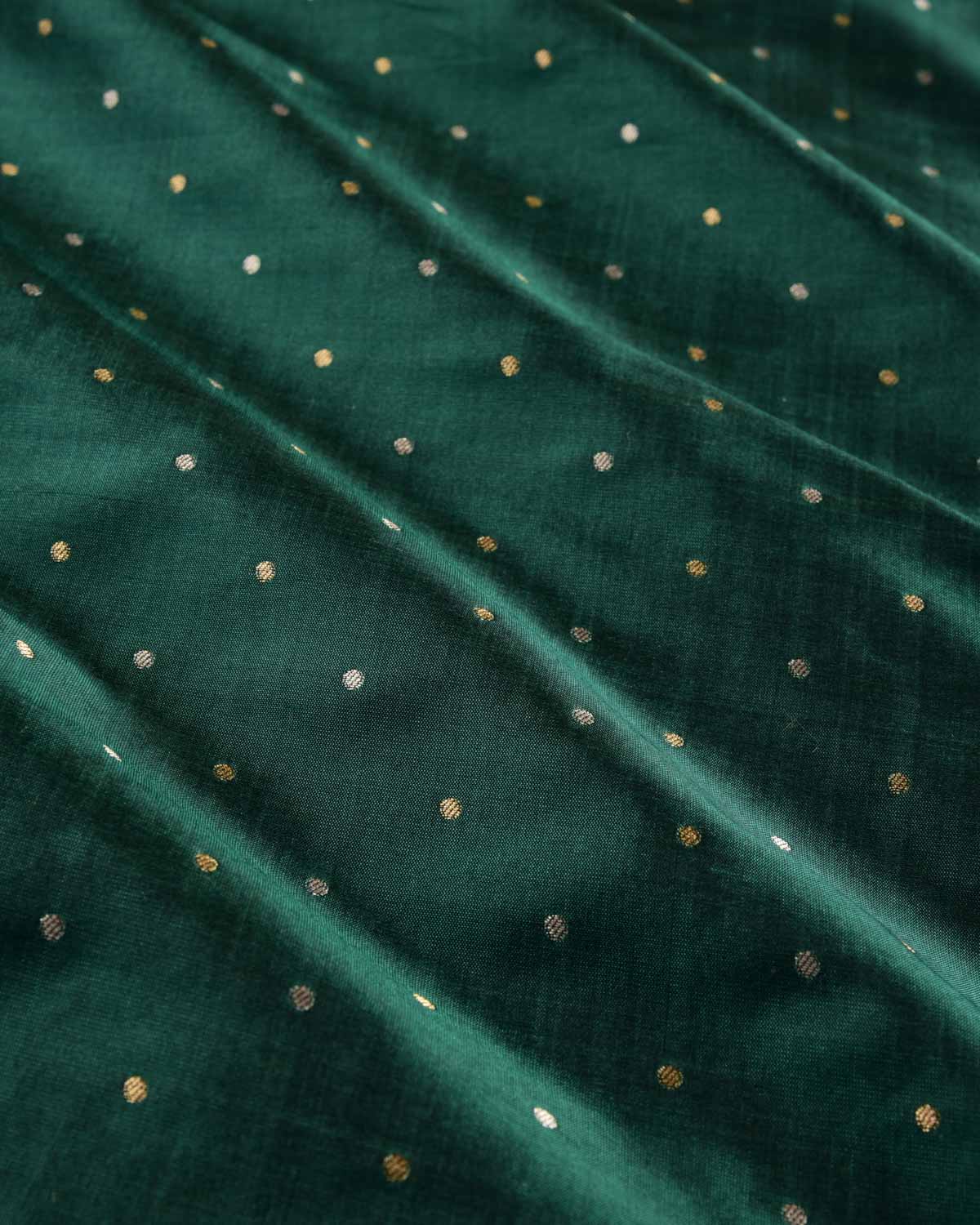 Midnight Green Banarasi Gold & Silver Zari Mini Polka Buti Cutwork Brocade Handwoven Katan Silk Unisex Fabric-HolyWeaves