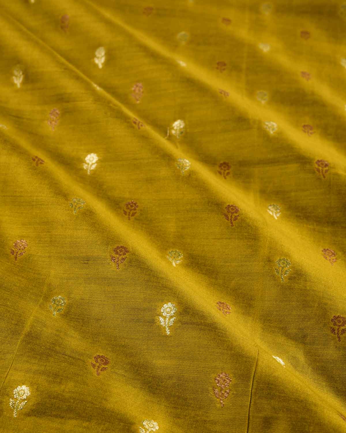Olive Green Banarasi Antique & Silver Zari Buti Cutwork Brocade Woven Spun Silk Unisex Fabric-HolyWeaves