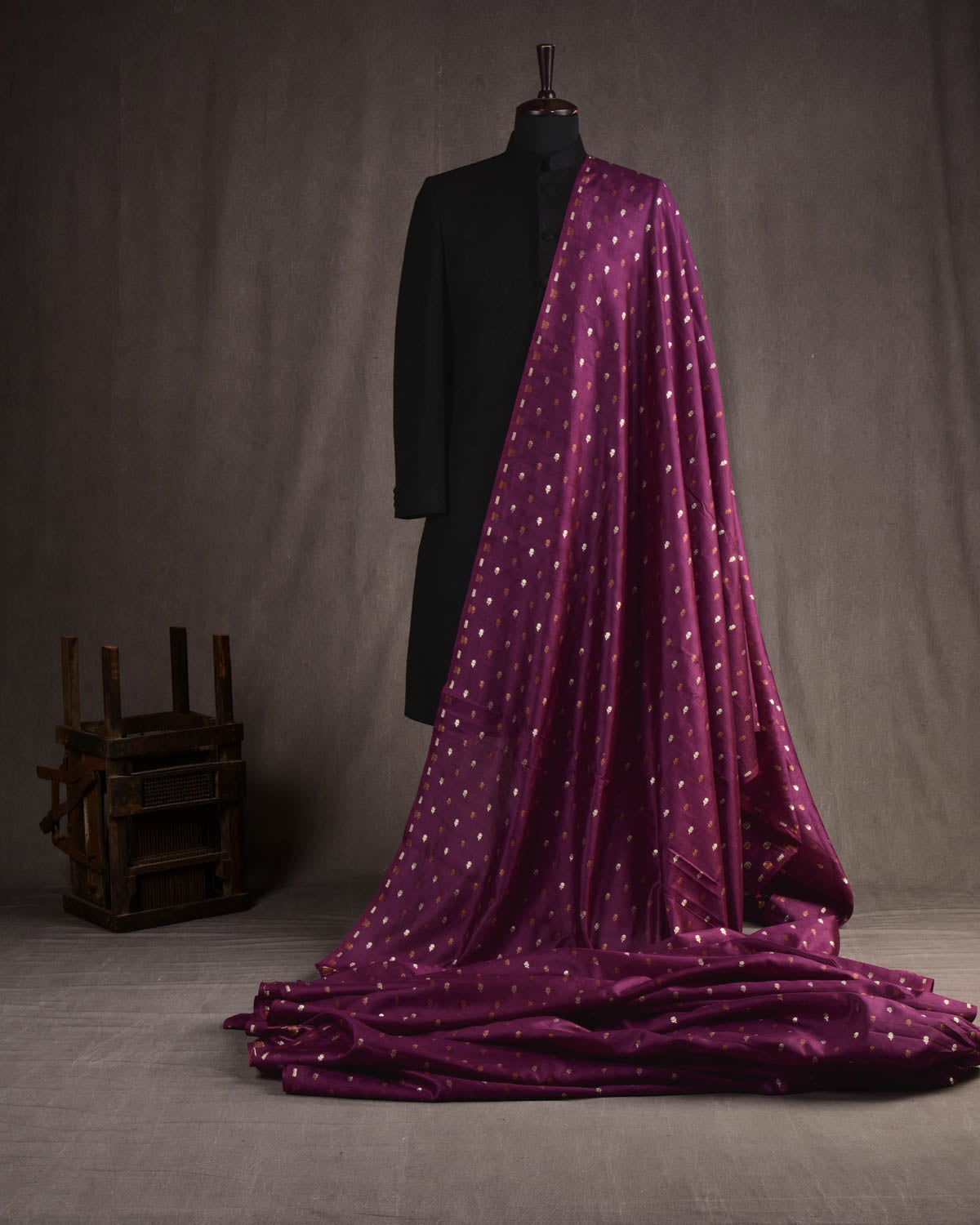 Purple Banarasi Antique & Silver Zari Buti Cutwork Brocade Woven Spun Silk Unisex Fabric-HolyWeaves