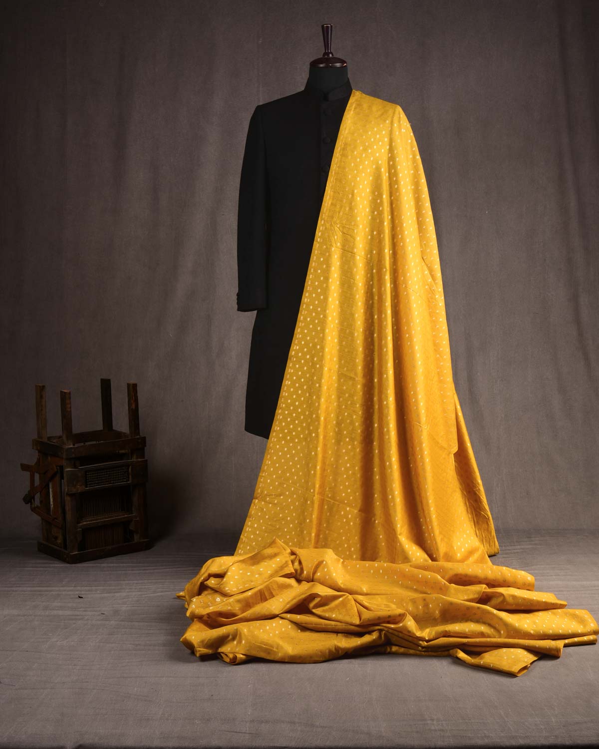 Yellow Banarasi Gold Zari Buti Cutwork Brocade Woven Spun Silk Unisex Fabric-HolyWeaves