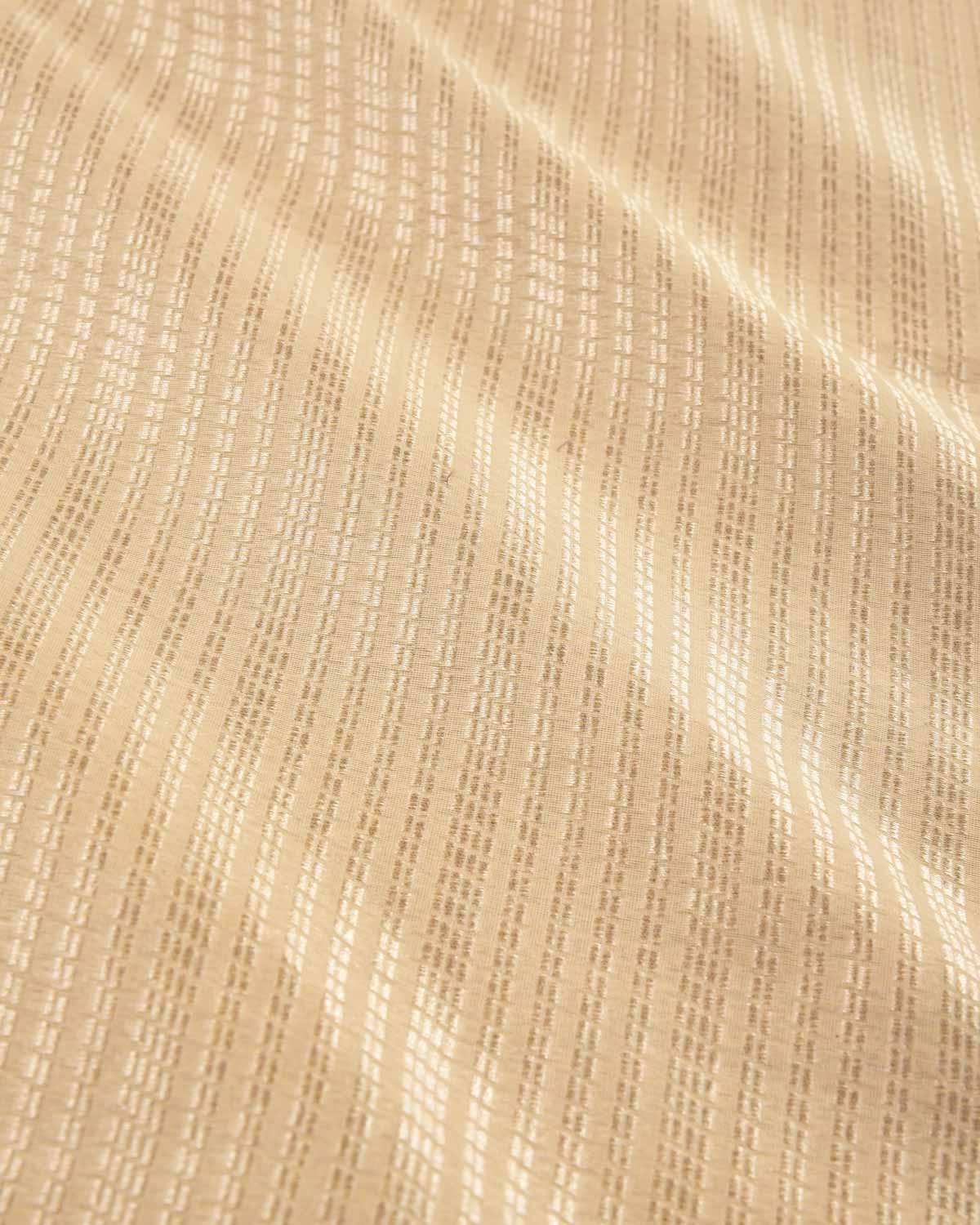 Beige Banarasi Light Gold Zari Dotted Stripes Brocade Handwoven Cotton Silk Unisex Fabric-HolyWeaves