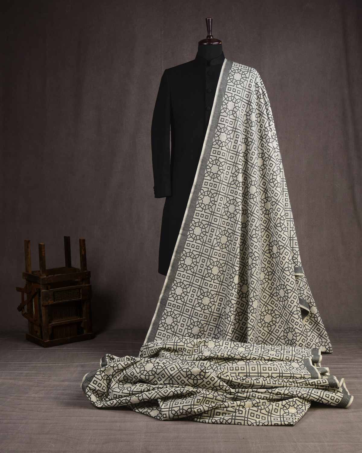 Black On White Banarasi Cutwork Brocade Handwoven Cotton Silk Unisex Fabric-HolyWeaves