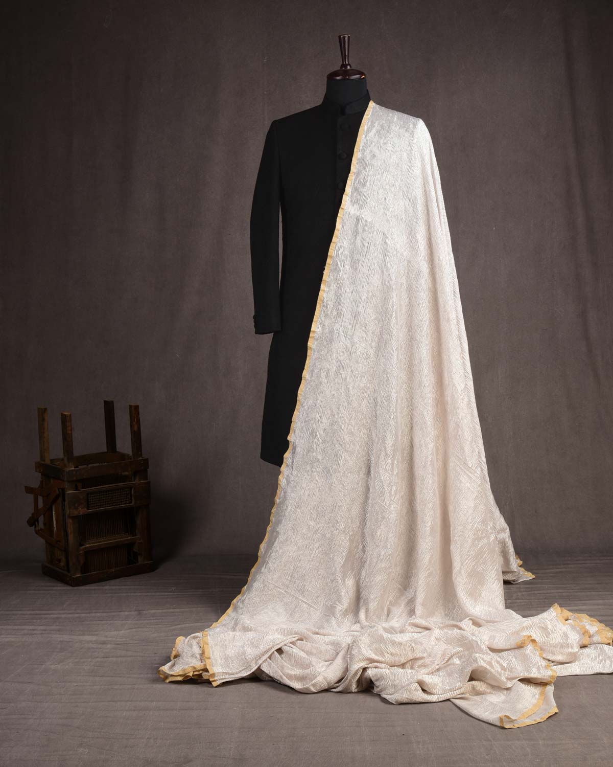 Silver Banarasi Crush Brocade Woven Tissue Unisex Fabric-HolyWeaves