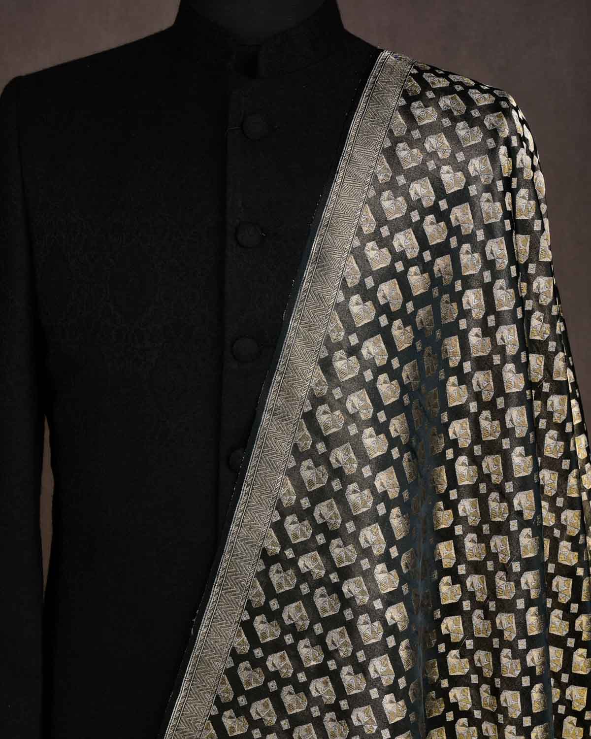 Metallic Black Gold & Silver Zari Diamond Hearts Satin Brocade Handwoven Katan Silk Banarasi Fabric-HolyWeaves