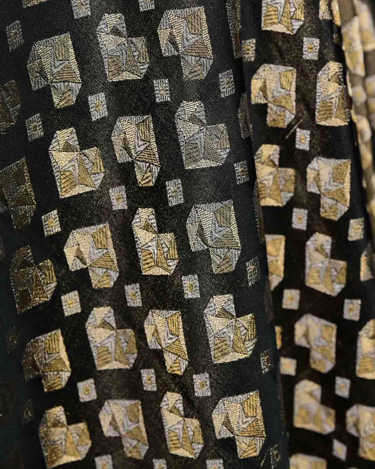 Metallic Black Gold & Silver Zari Diamond Hearts Satin Brocade Handwoven Katan Silk Banarasi Fabric-HolyWeaves